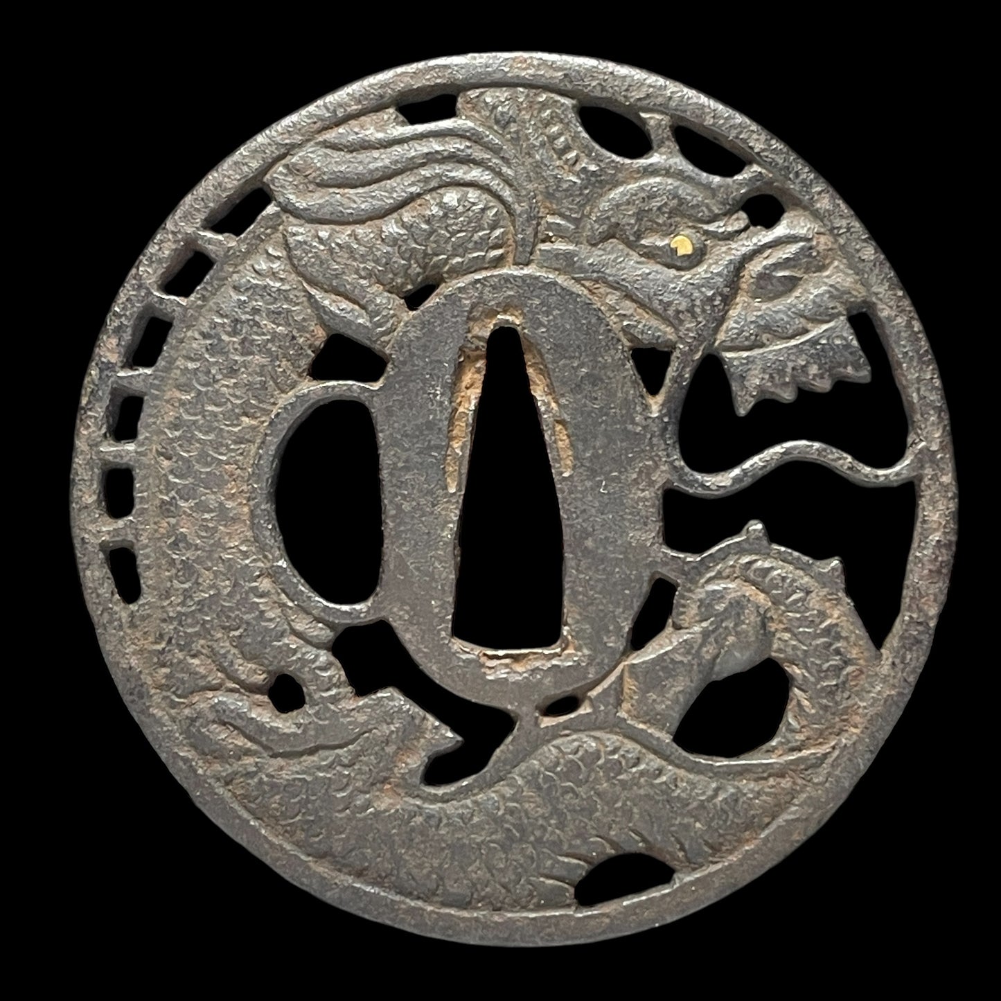 Dragon Sukashi TSUBA, 龍透鍔, Edo period, Iron back, 79x79x4.4mm 118g