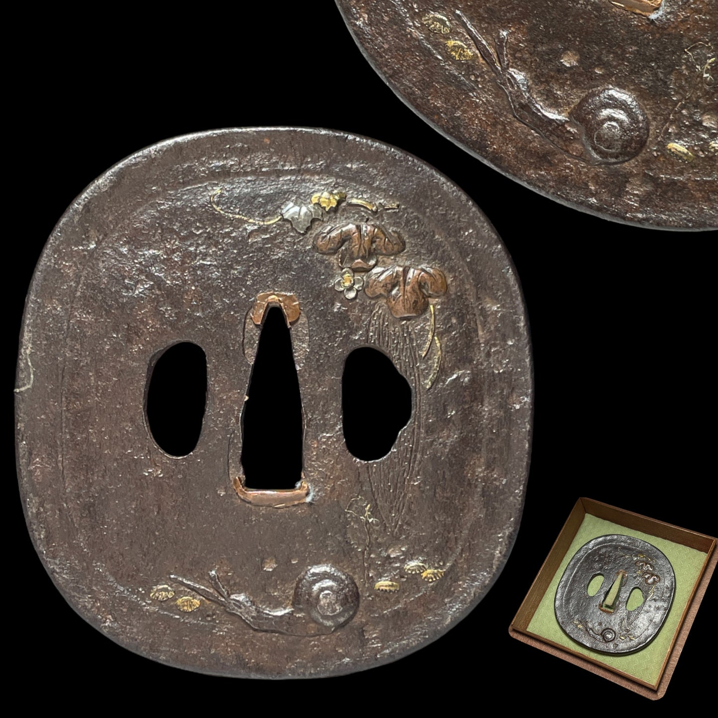 Snails Large TSUBA, 蝸牛鉄地大鍔, Edo period, Iron back, 86x81x4.4 156g