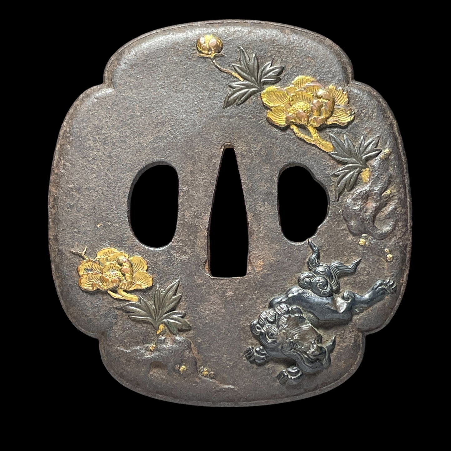 Botan Shishi 牡丹獅子 Large TSUBA, Edo period, Iron back, 84x77x5.1mm 150g