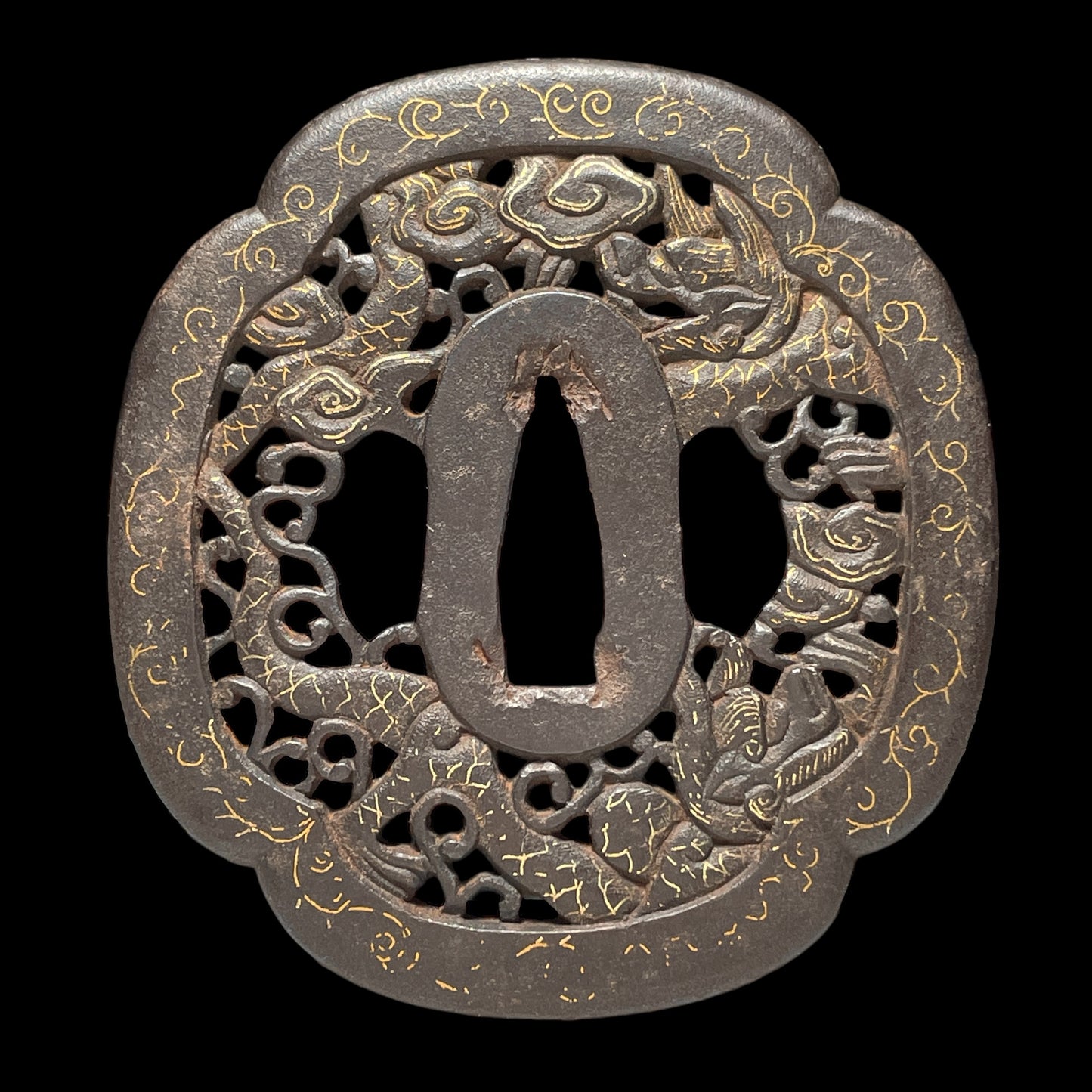 Dragon Nanban Style Large TSUBA, 龍南蛮鍔, Iron back, Edo period, 84x78x4.4mm 130g