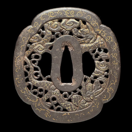 Dragon Nanban Style Large TSUBA, 龍南蛮鍔, Iron back, Edo period, 84x78x4.4mm 130g