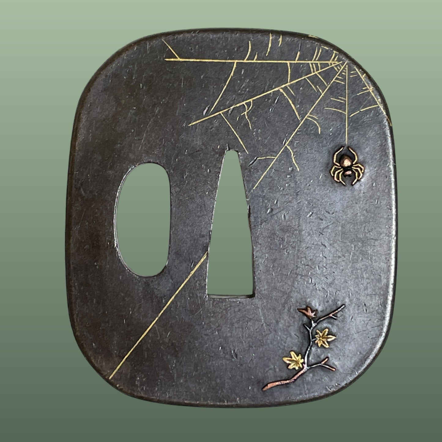 Spider and Maple TSUBA 紅葉蜘蛛, Yamagane 山銅 base, Edo period, with BOX