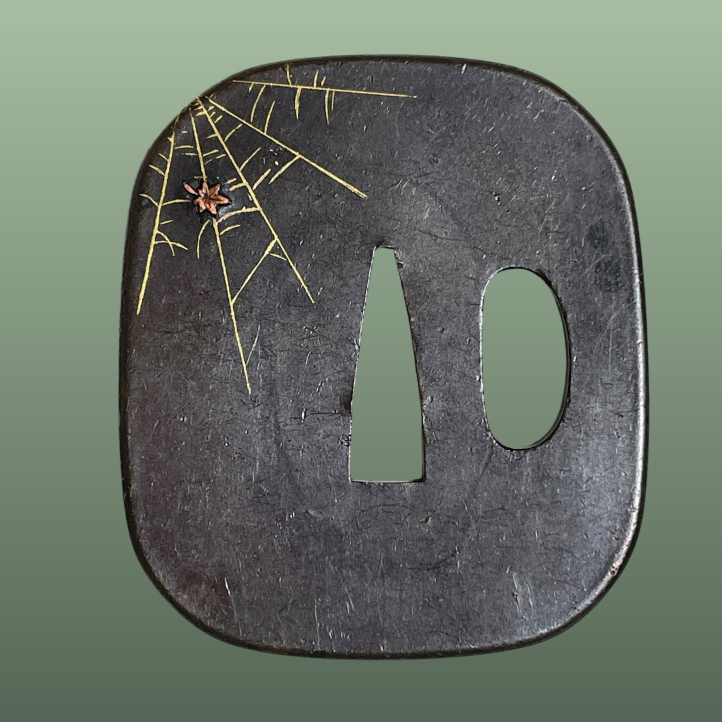 Spider and Maple TSUBA 紅葉蜘蛛, Yamagane 山銅 base, Edo period, with BOX