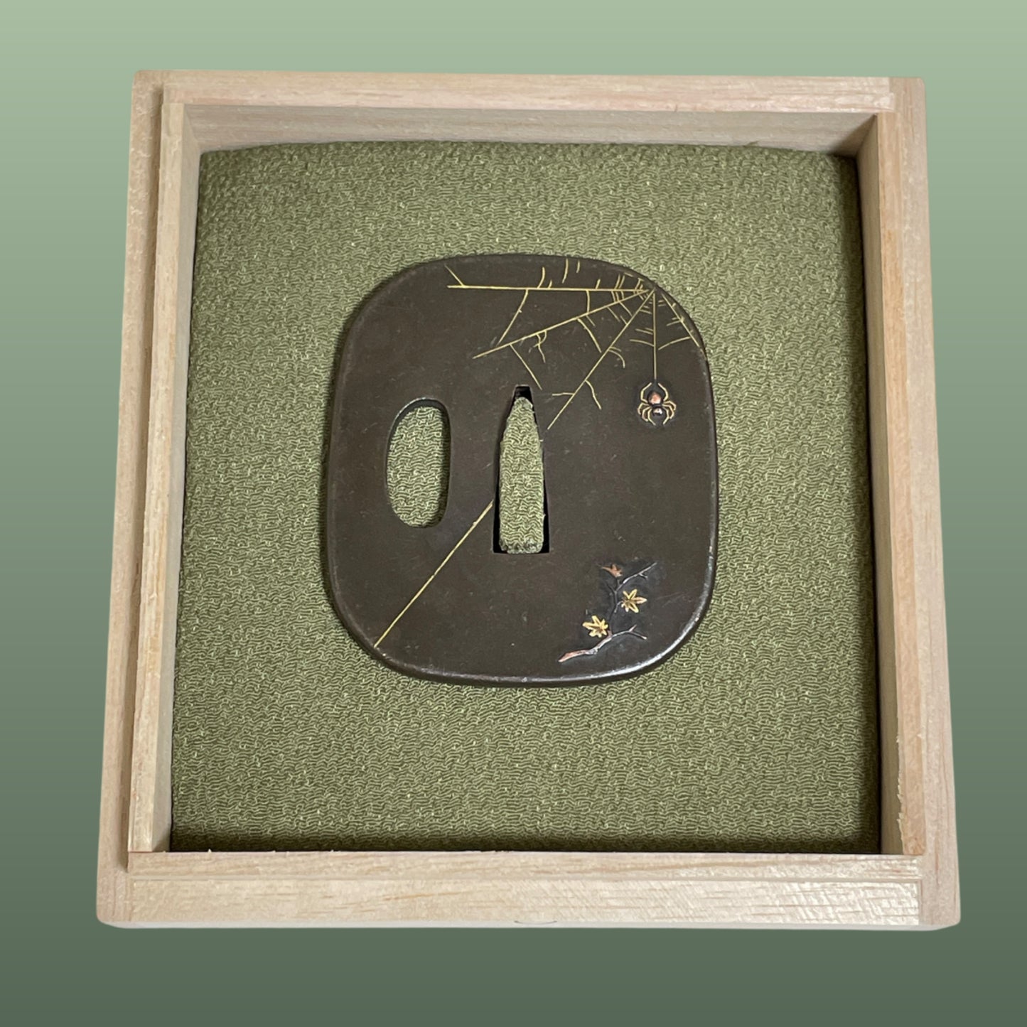 Spider and Maple TSUBA 紅葉蜘蛛, Yamagane 山銅 base, Edo period, with BOX