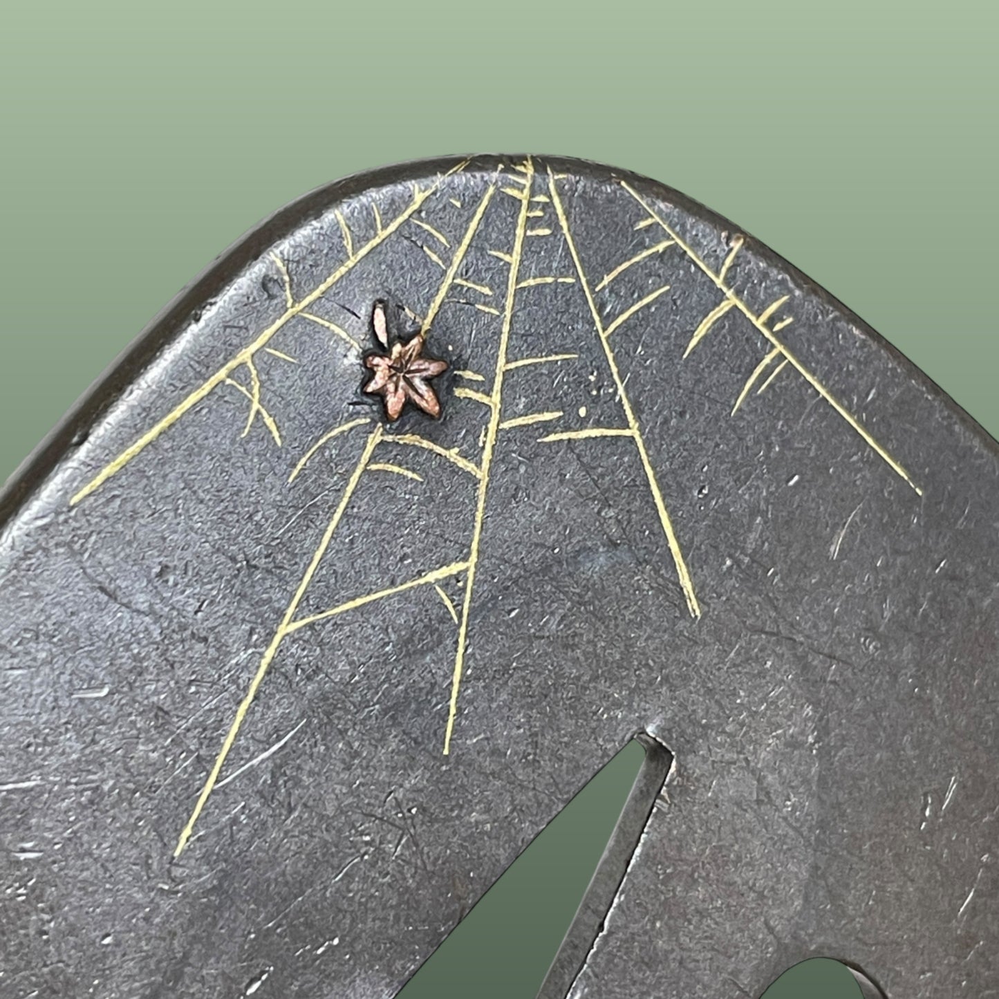 Spider and Maple TSUBA 紅葉蜘蛛, Yamagane 山銅 base, Edo period, with BOX