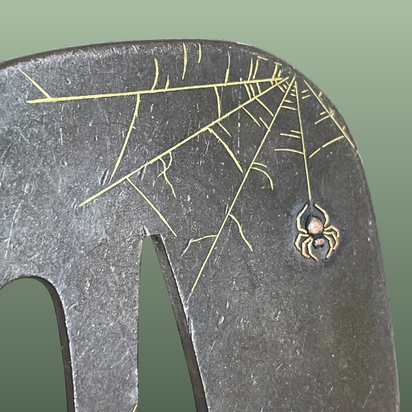 Spider and Maple TSUBA 紅葉蜘蛛, Yamagane 山銅 base, Edo period, with BOX