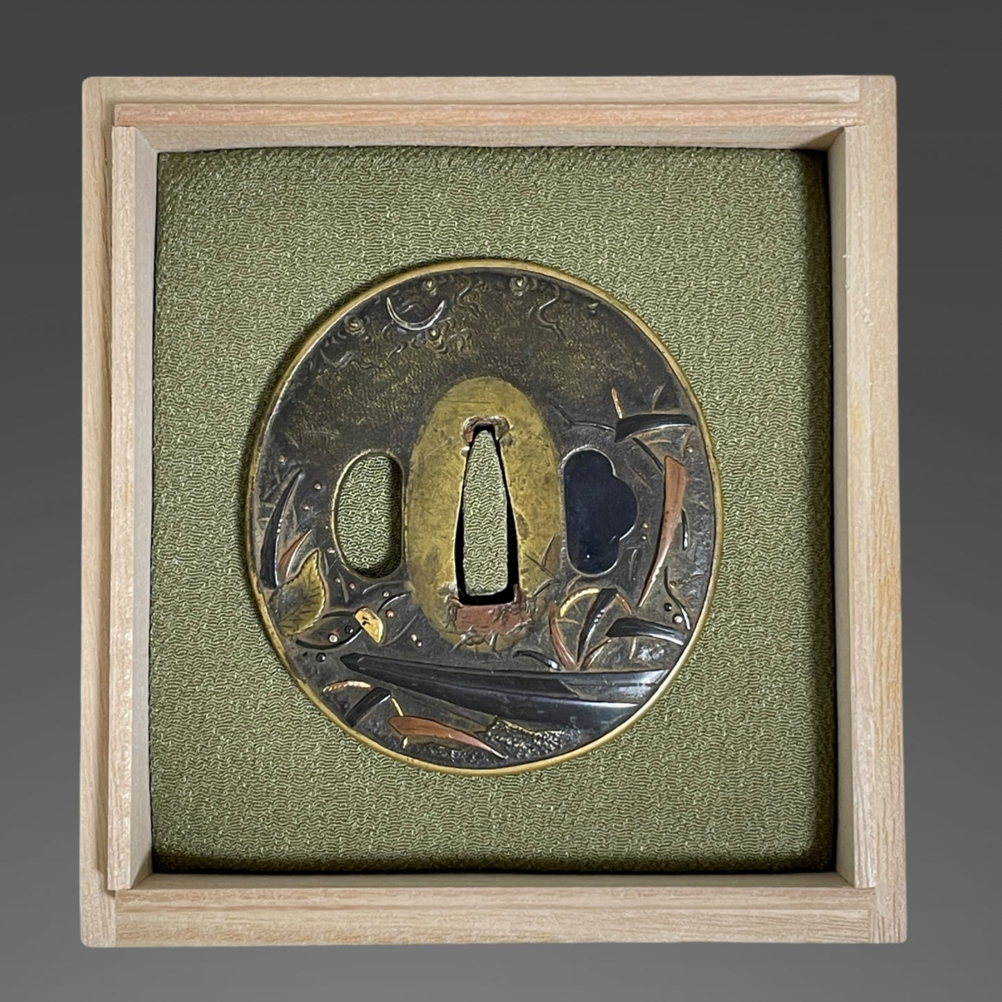 Ashiwake Fune 芦分船 Shonai-TSUBA 庄内鍔, Brass back, Edo period, with BOX