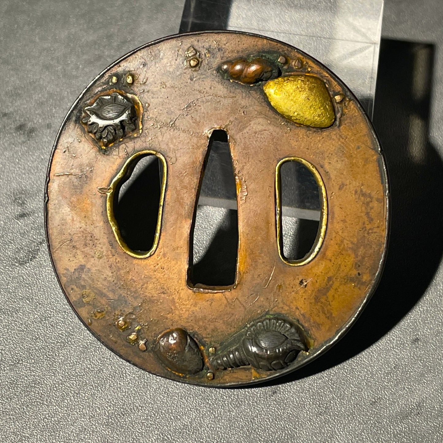 Shell Kai-Zukushi 貝尽 TSUBA, Copper back, Edo period, with BOX