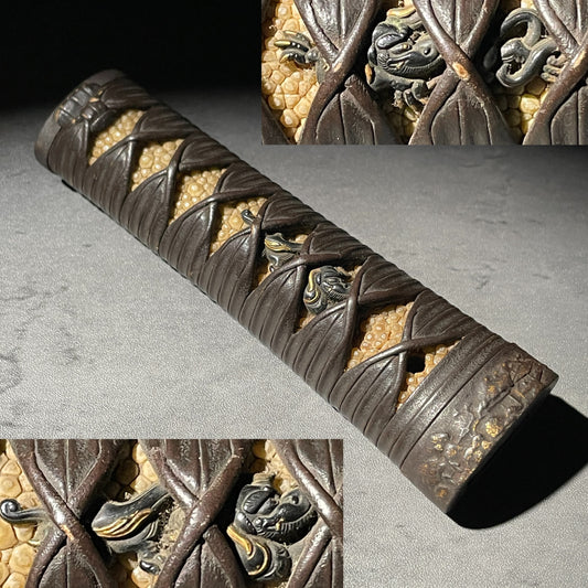 Dragon Menuki TSUKA, Iron Fuchikashira, Leather Tsuka-Maki