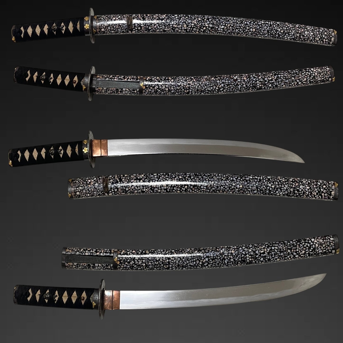 Radensaya 螺鈿鞘 Wide Hirazukuri Wakizashi, Izuminokami Kanesada signed, Plum Fittings