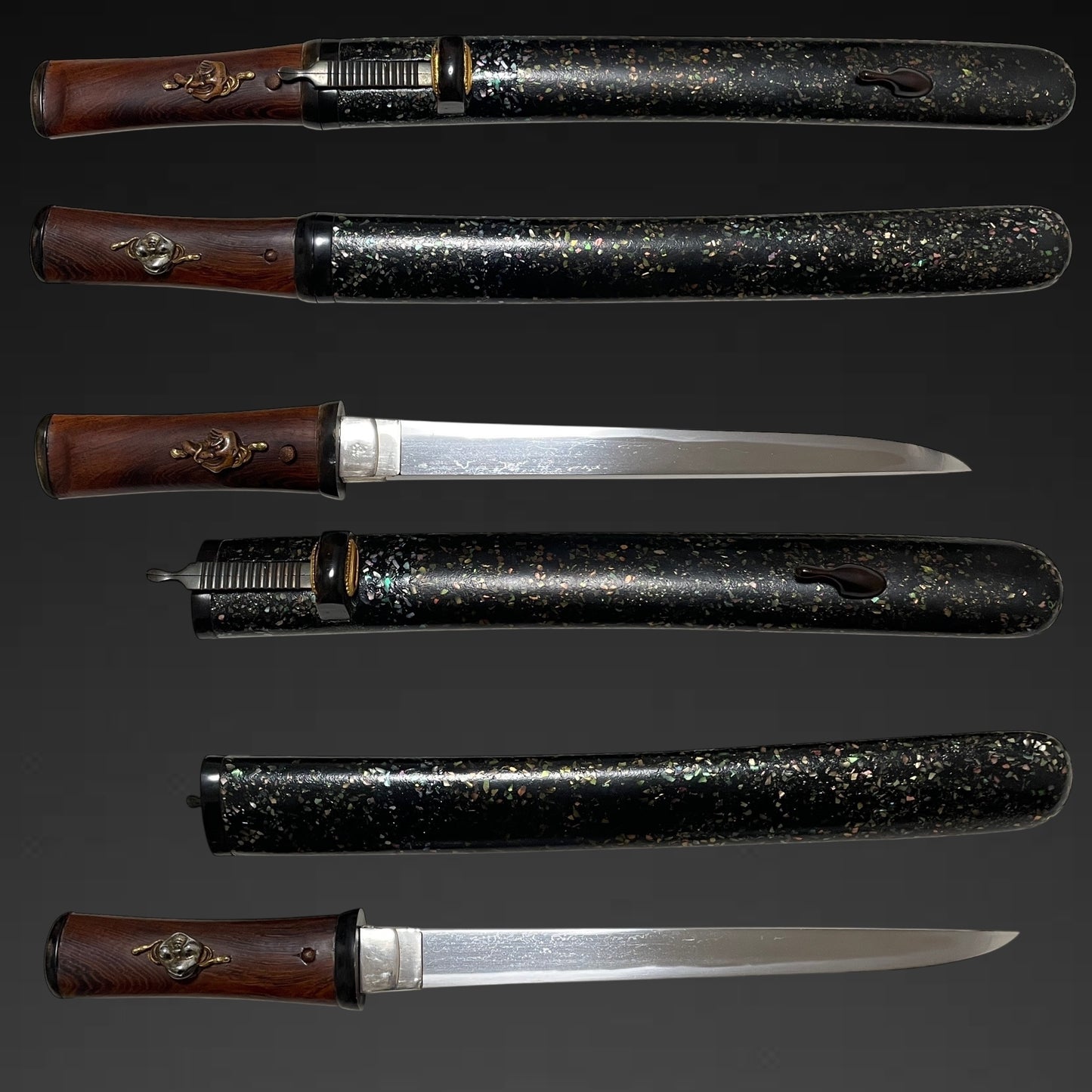 TENGU Menuki 天狗目貫 Aikuchi TANTO, Wari-Kogai and Raden Scabbard, Edo period mumei