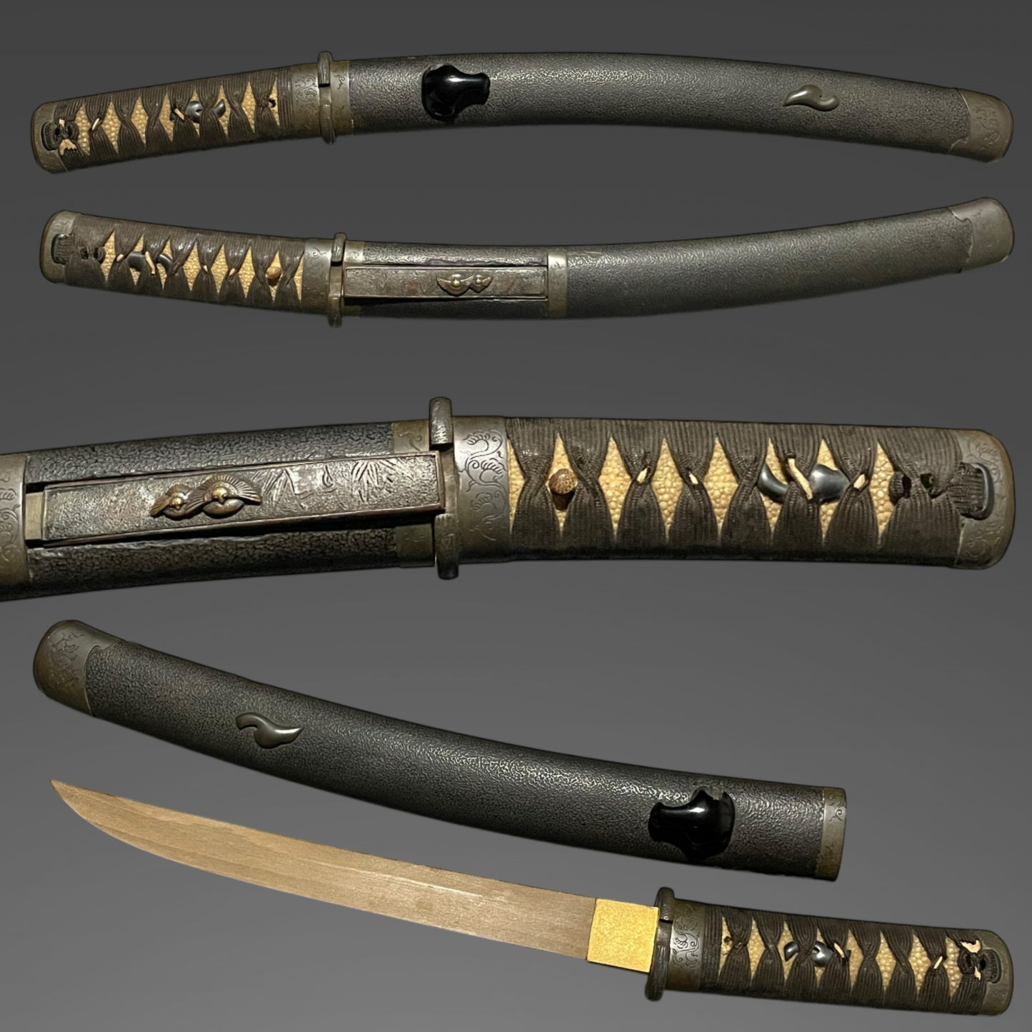 Tanto Koshirae 短刀拵, Karakusa Fittings 唐草文様一作金具, Shibuichi 四分一, with Kozuka