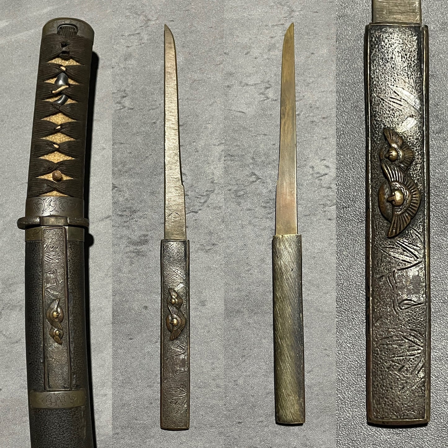 Tanto Koshirae 短刀拵, Karakusa Fittings 唐草文様一作金具, Shibuichi 四分一, with Kozuka