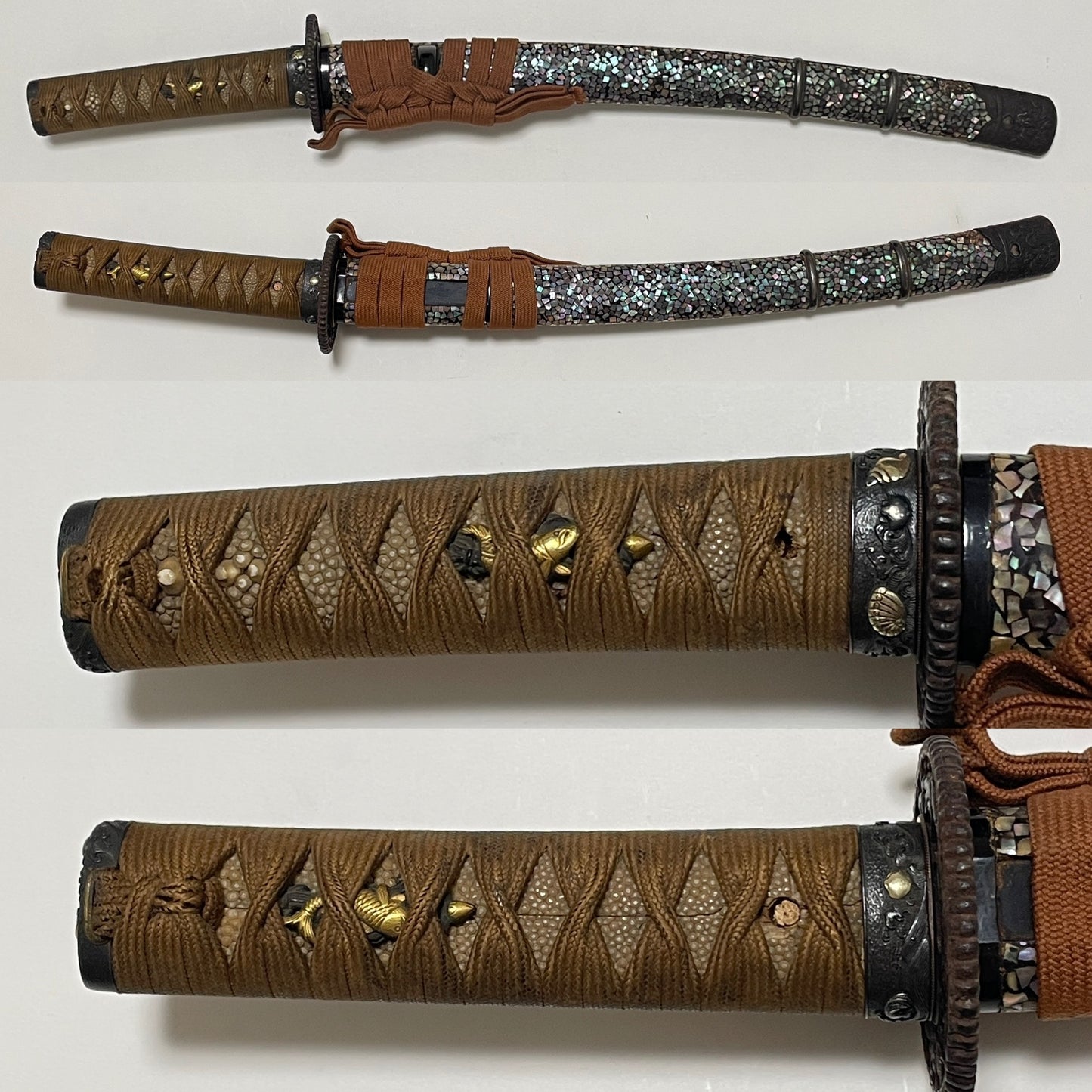 Raden Wakizashi Koshirae 螺鈿脇差拵, Dragon Kojiri, Shell Fuchikashira, Edo period