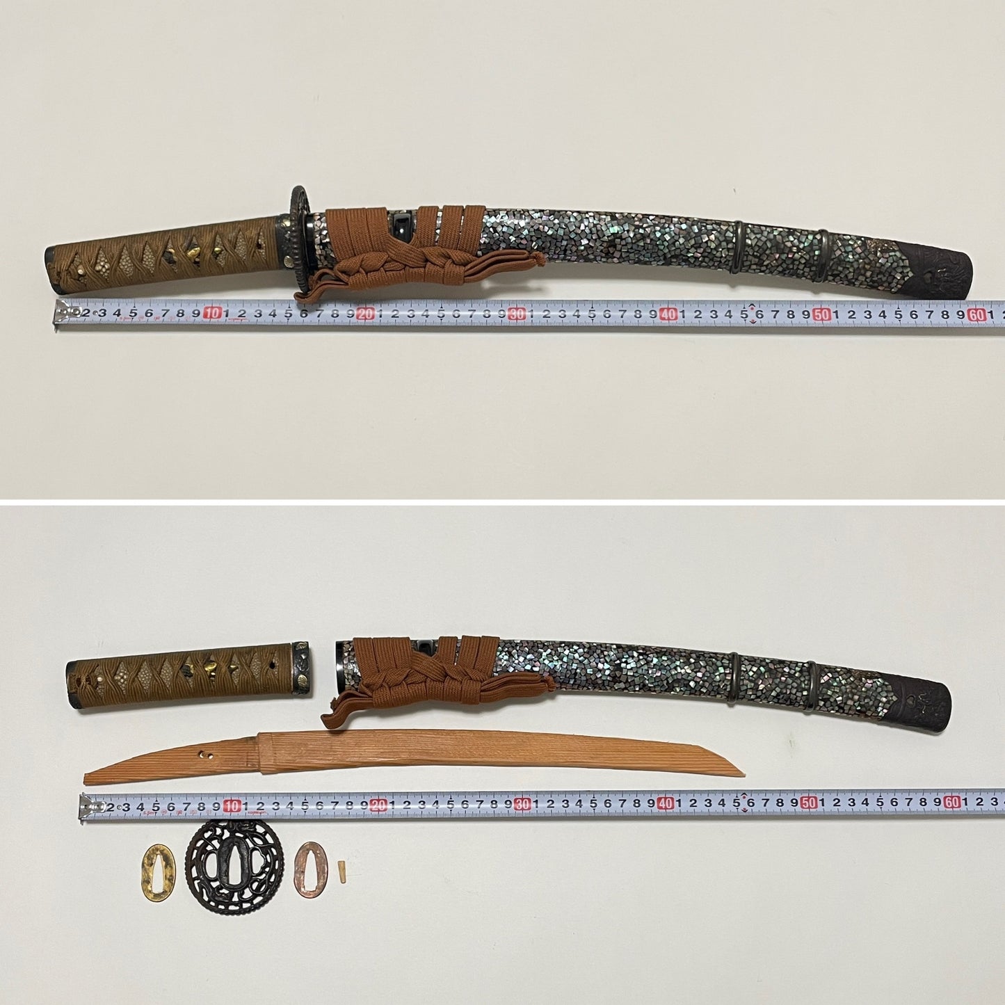 Raden Wakizashi Koshirae 螺鈿脇差拵, Dragon Kojiri, Shell Fuchikashira, Edo period