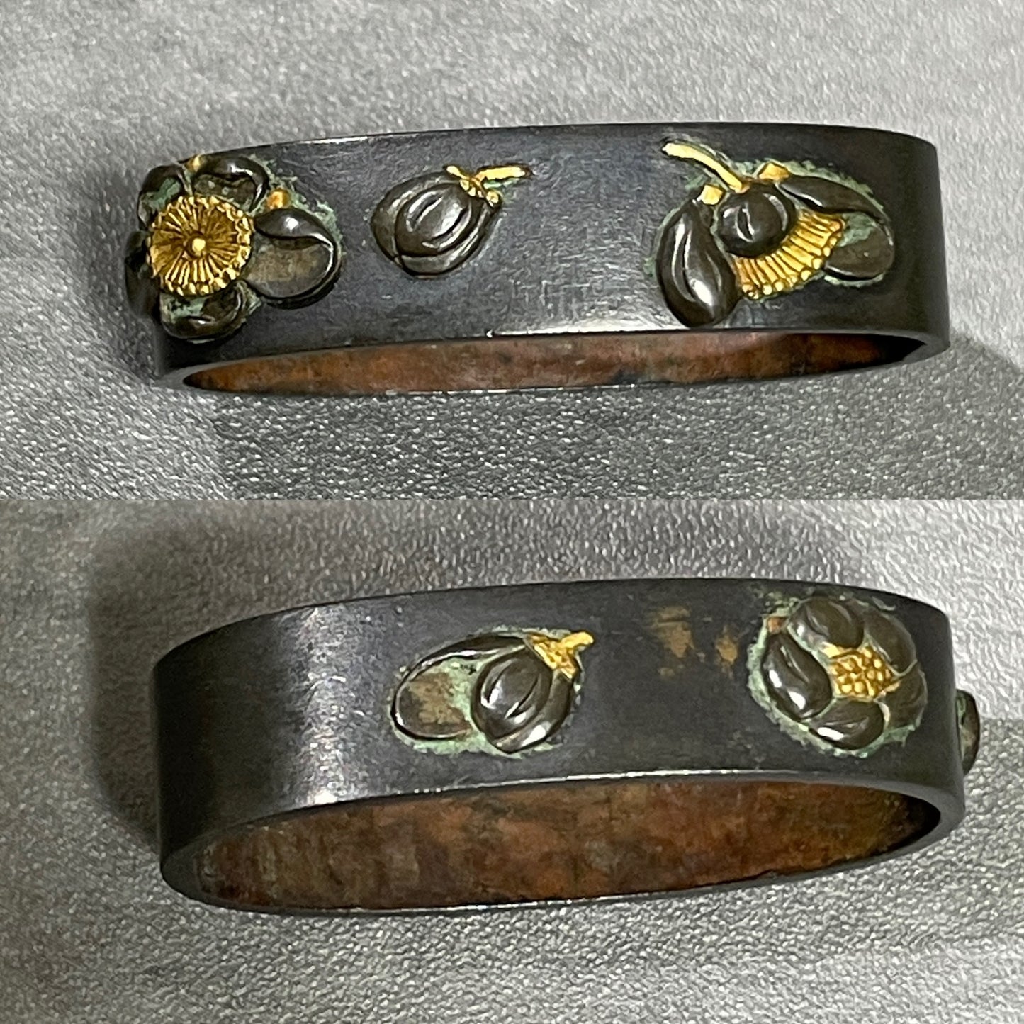 Camellia and Eggplant Fuchikashira, Tsubaki-Nasu(椿茄子), Edo period, Shakudo back