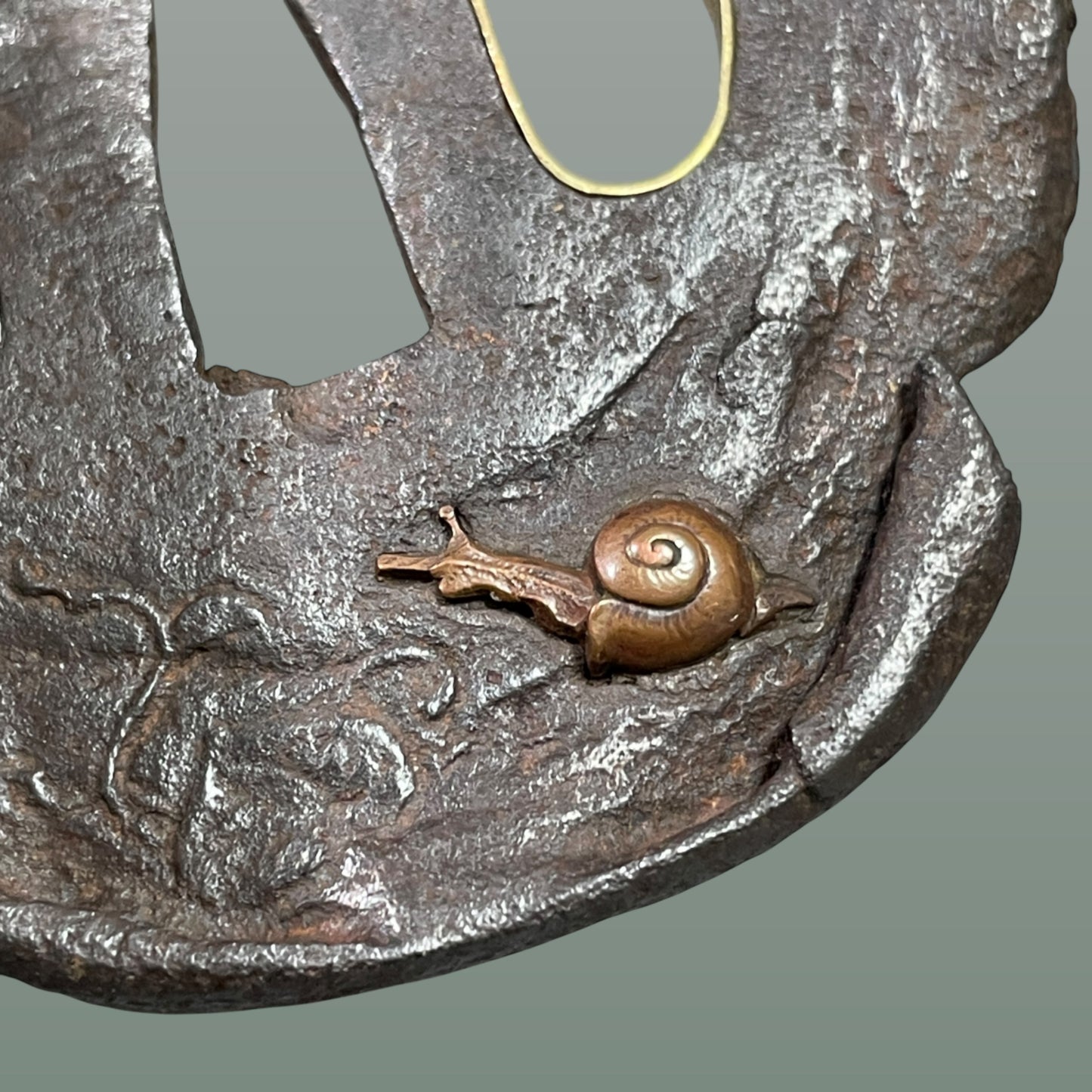 Mantis and Snail TSUBA, Nobuie 信家 signed, Edo period, Iron back, with BOX