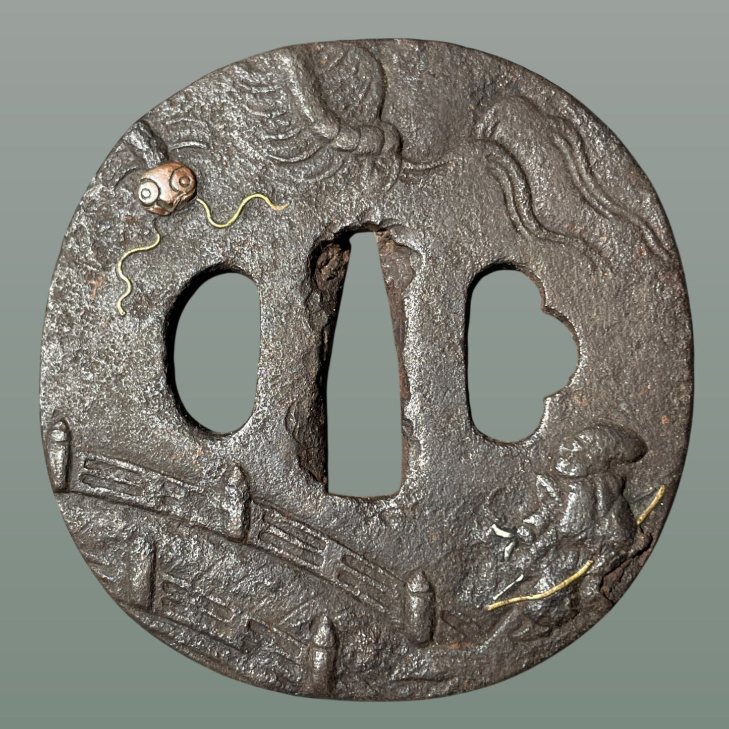 Centipede Mukade(百足) TSUBA, 俵の藤太, Iron back, Edo period, with BOX