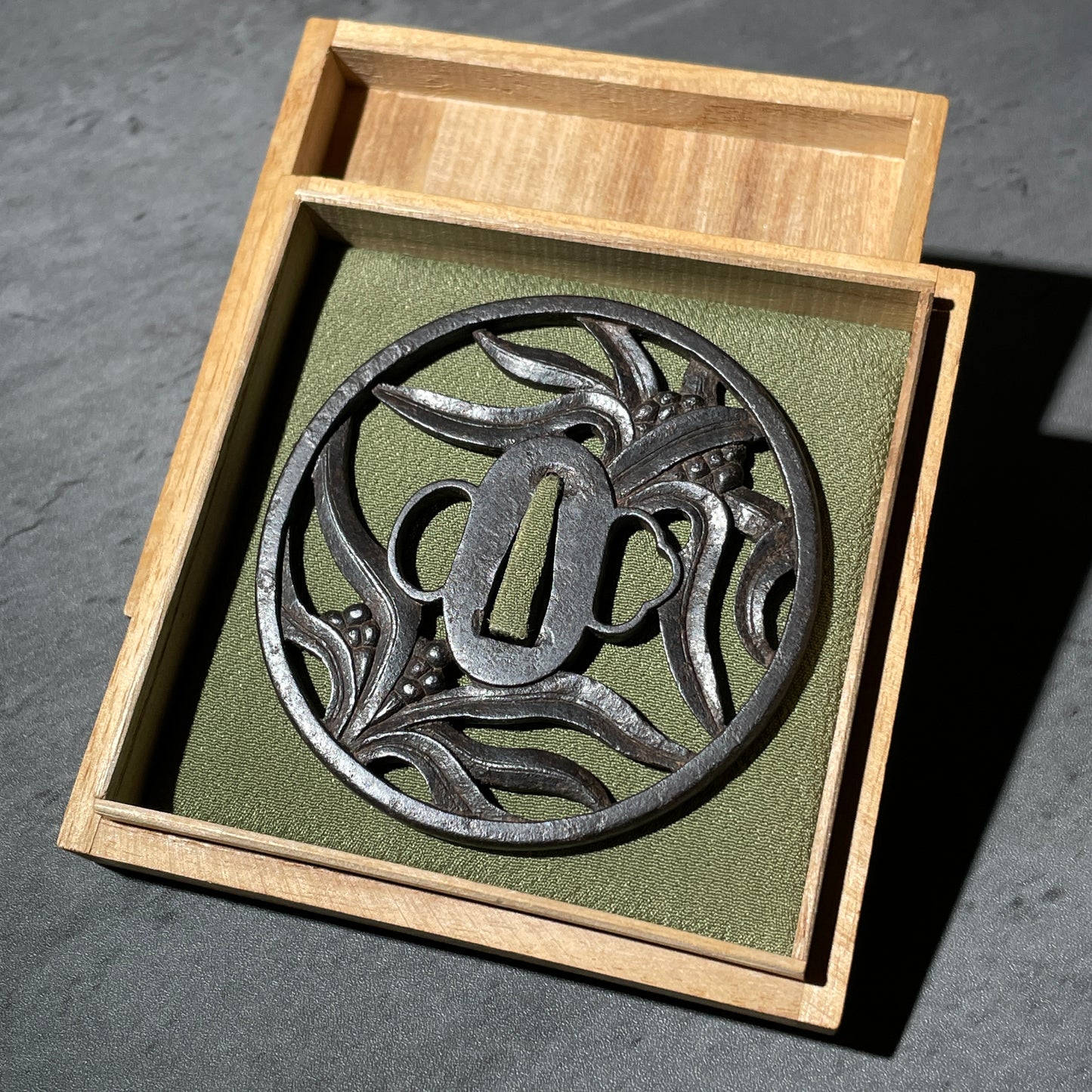 Omoto(万年青), Nippon lily  Large TSUBA, Iron back, Edo period, with BOX