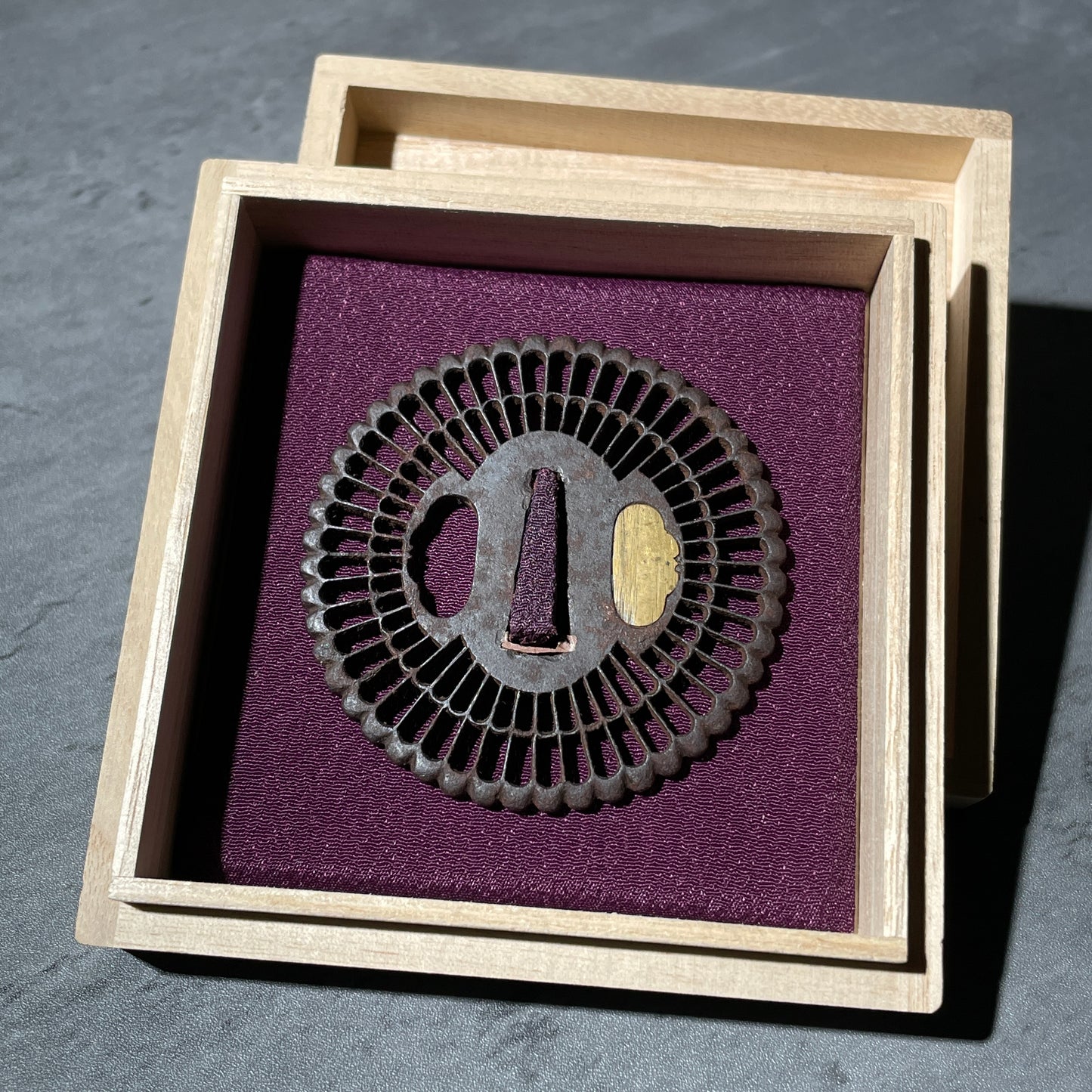 Kikka Sukashi(菊花透), Chrysanthemum TSUBA, Iron back, Edo period, with BOX