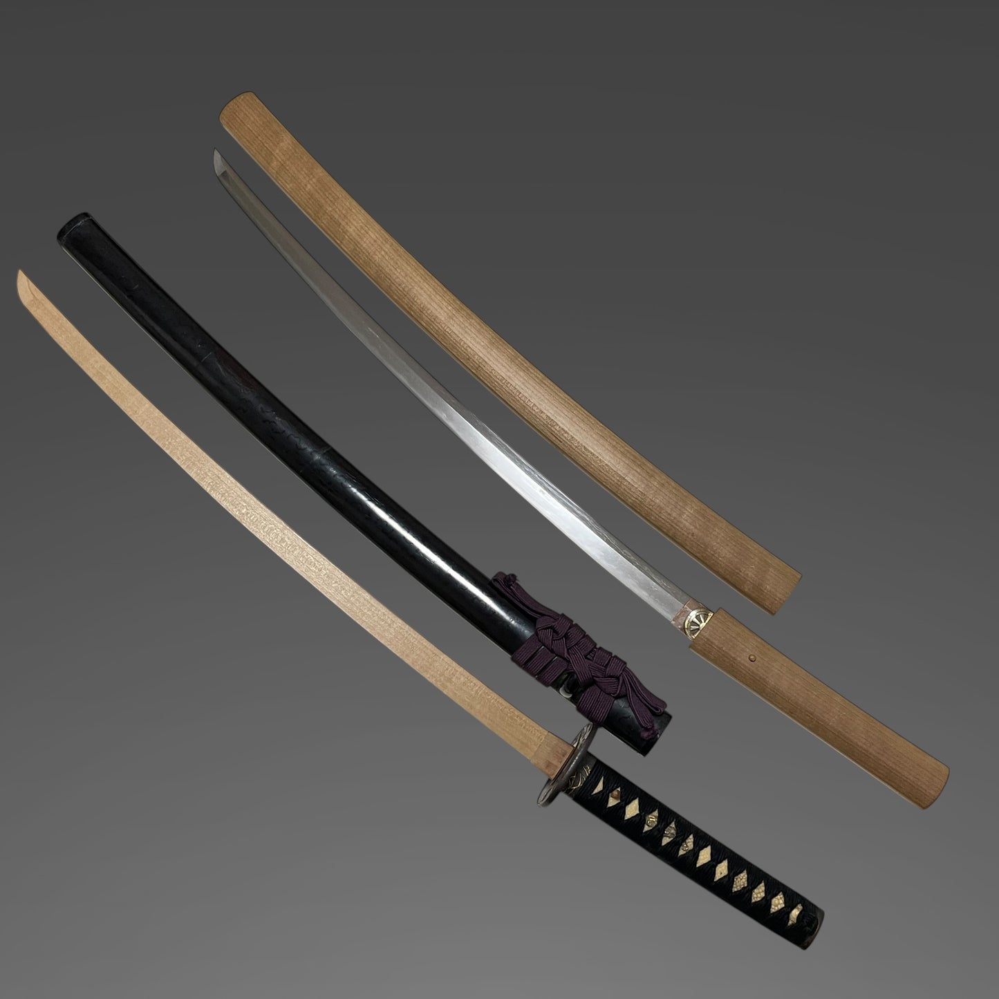 Long Wakizashi with Shirasaya, Peony Tsuba, Waterwheel Habaki, Edo period mumei