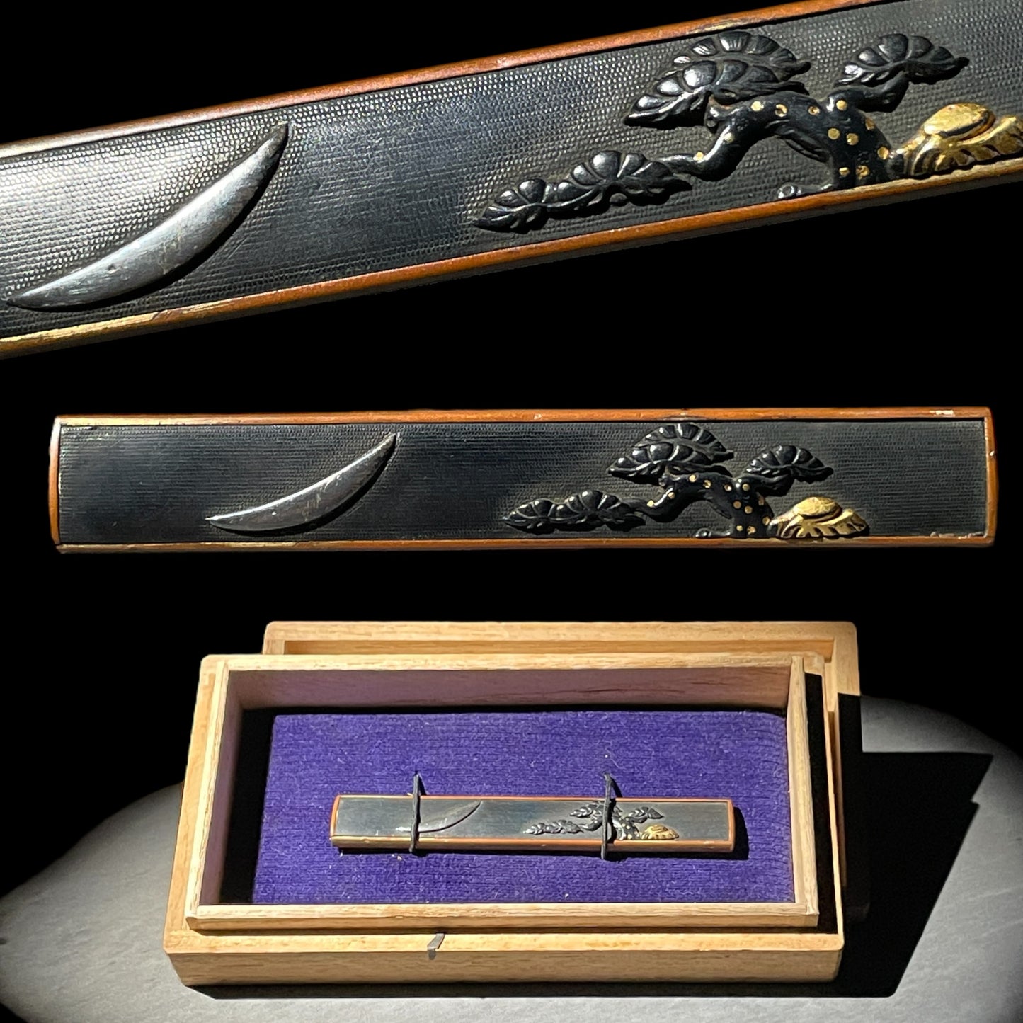 Crescent moon and Pine Kozuka 三日月松図小柄, Shakudo back, Edo period