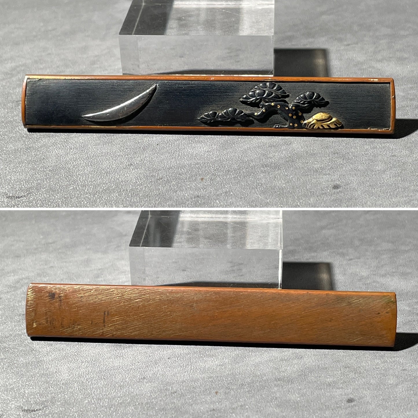 Crescent moon and Pine Kozuka 三日月松図小柄, Shakudo back, Edo period