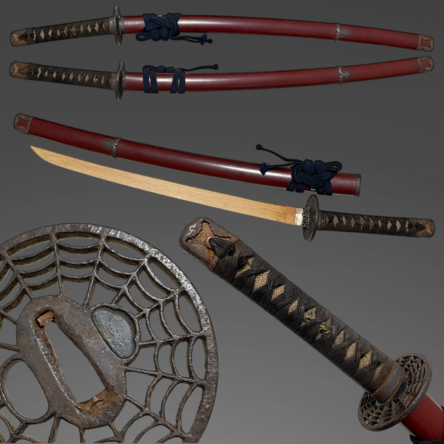 Red Handachi Koshirae for KATANA, Spider's Web TSUBA, 朱半太刀拵 蜘蛛巣透鍔, Edo period