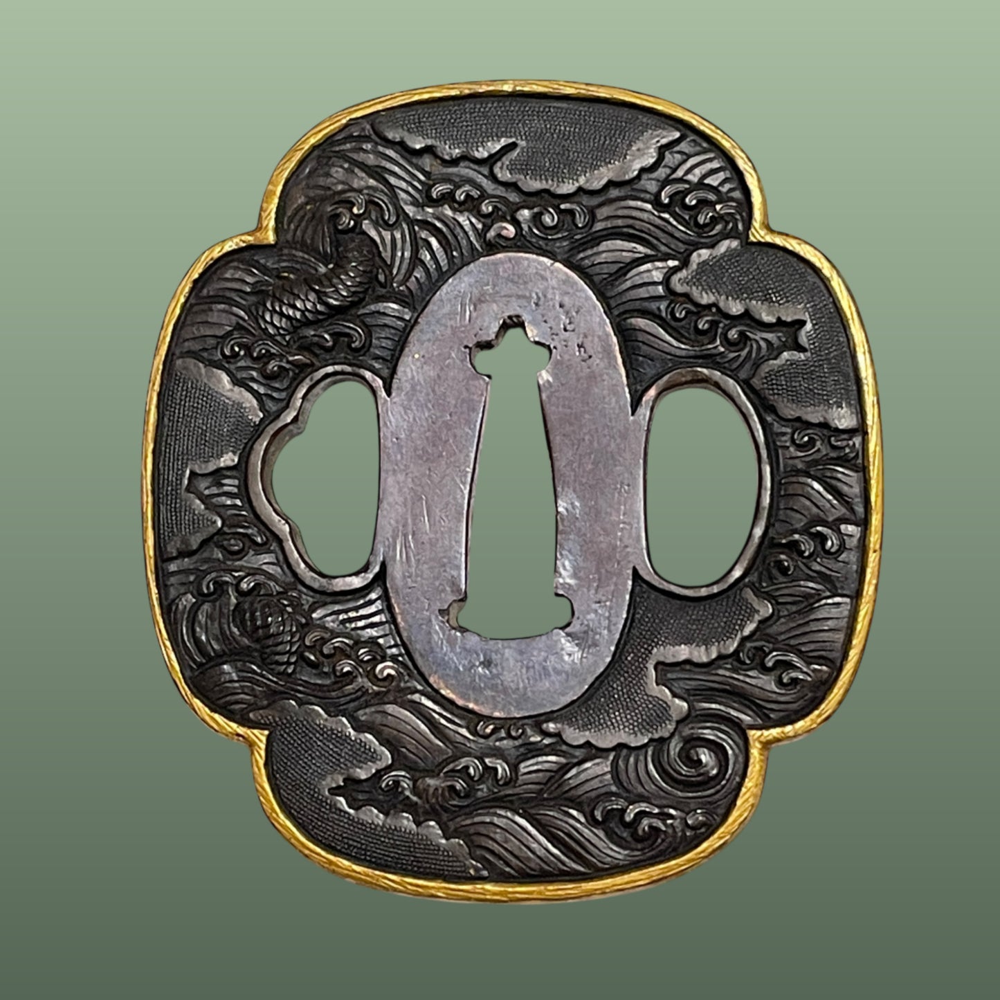 Dragon Fittings 龍一作 Koshirae For Wakizashi, 腰刻黒鞘脇指拵, Edo period, NBTHK Certificate