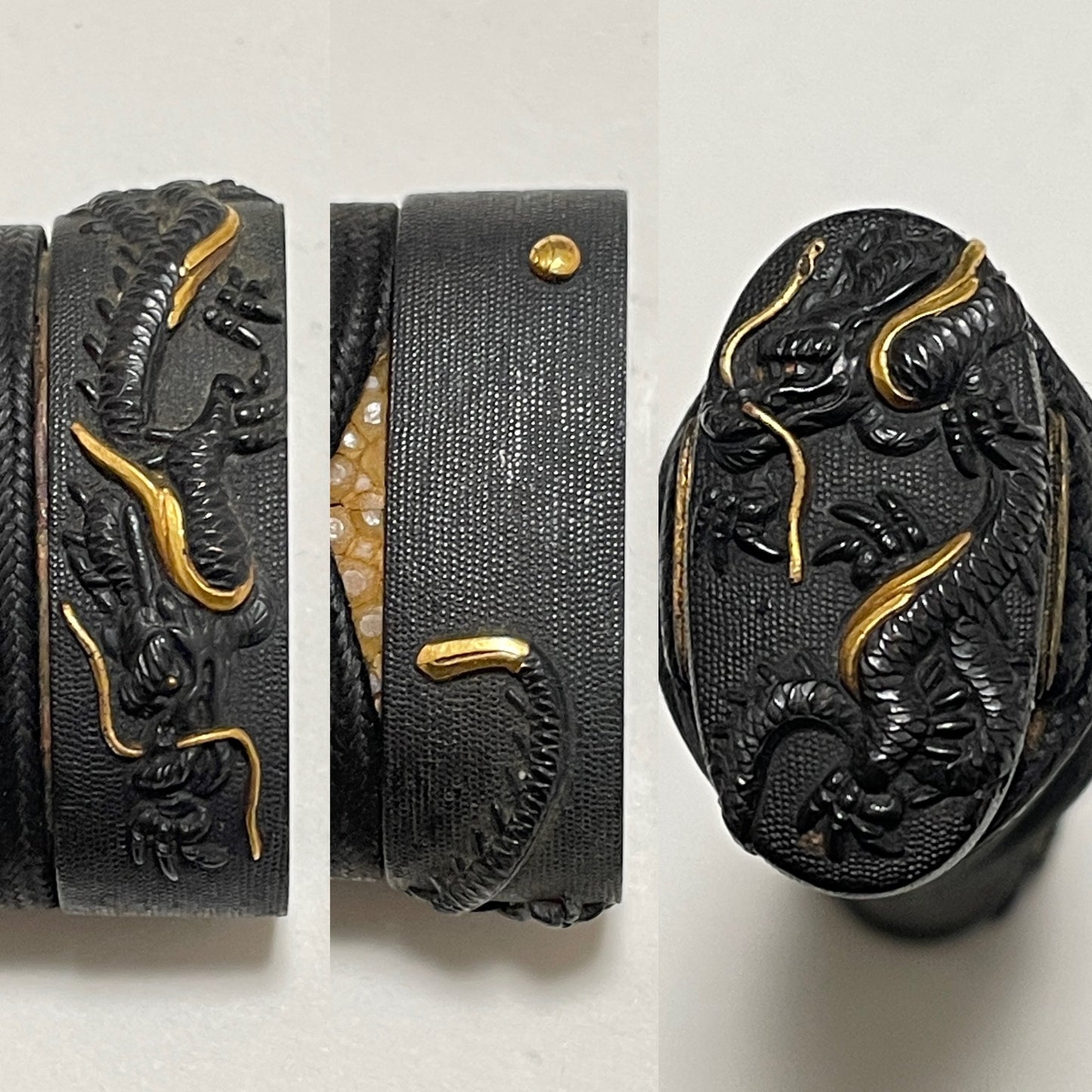Dragon Fittings 龍一作 Koshirae For Wakizashi, 腰刻黒鞘脇指拵, Edo period, NBTHK Certificate