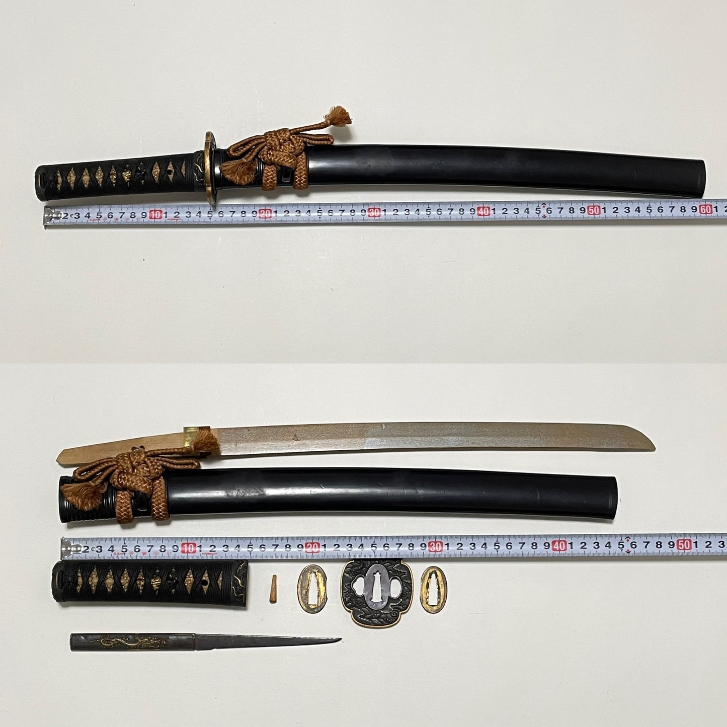 Dragon Fittings 龍一作 Koshirae For Wakizashi, 腰刻黒鞘脇指拵, Edo period, NBTHK Certificate