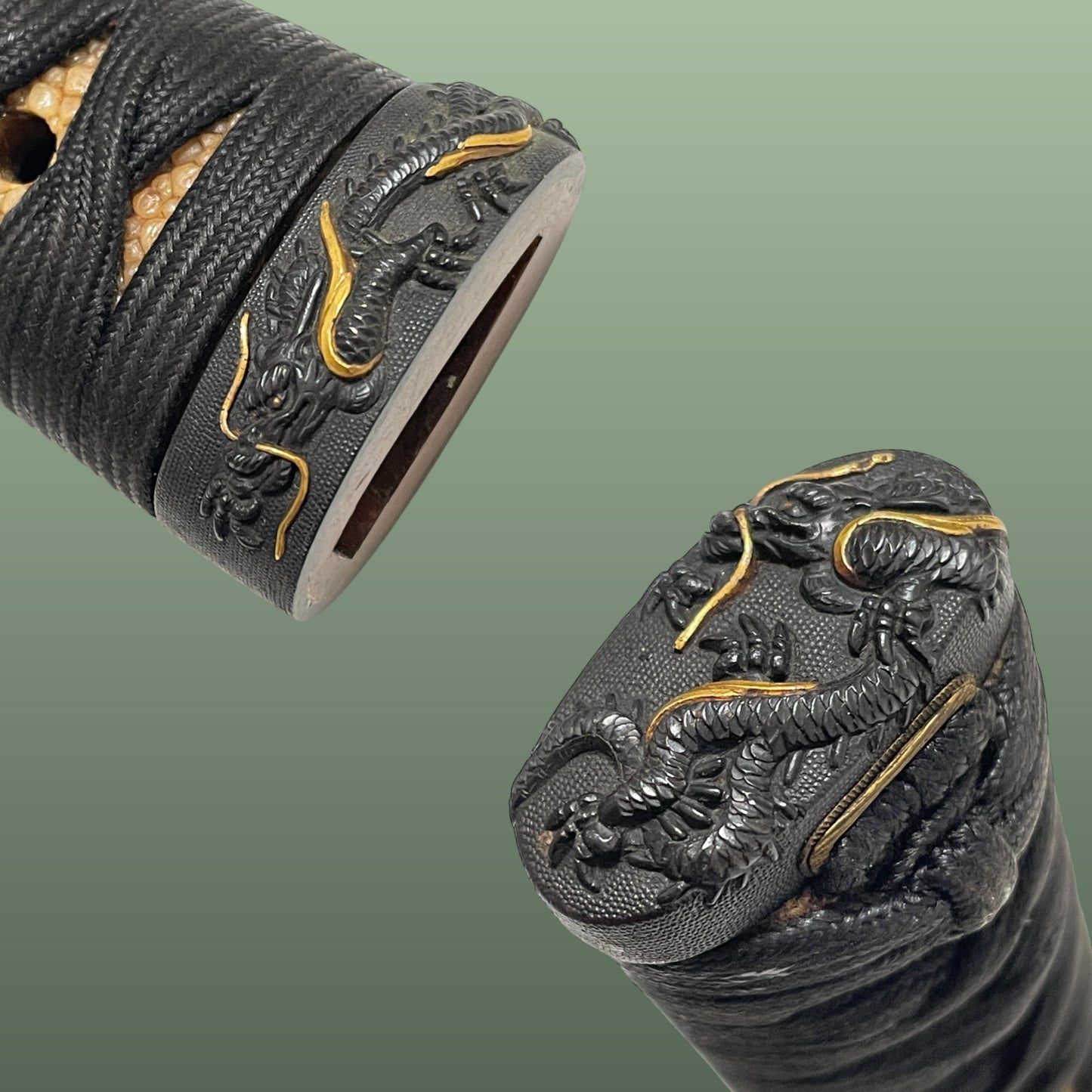 Dragon Fittings 龍一作 Koshirae For Wakizashi, 腰刻黒鞘脇指拵, Edo period, NBTHK Certificate