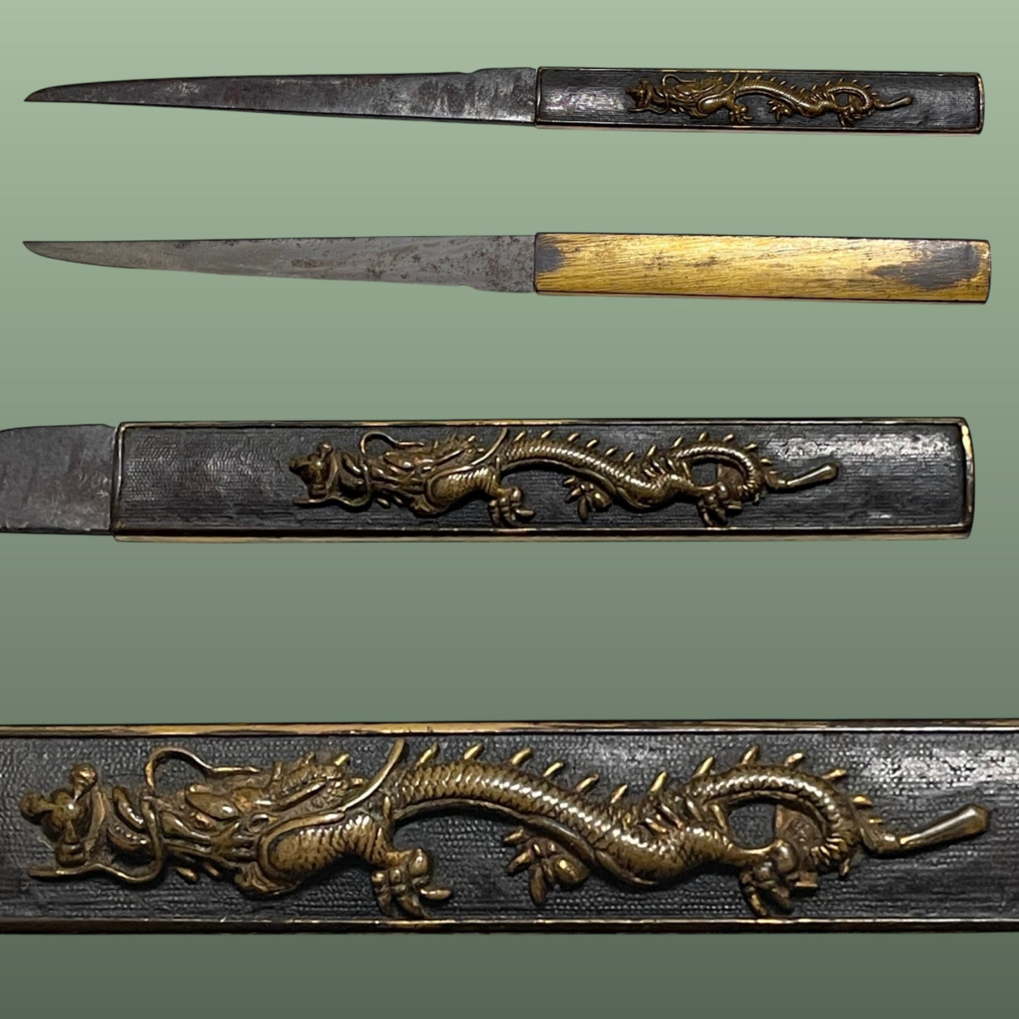 Dragon Fittings 龍一作 Koshirae For Wakizashi, 腰刻黒鞘脇指拵, Edo period, NBTHK Certificate