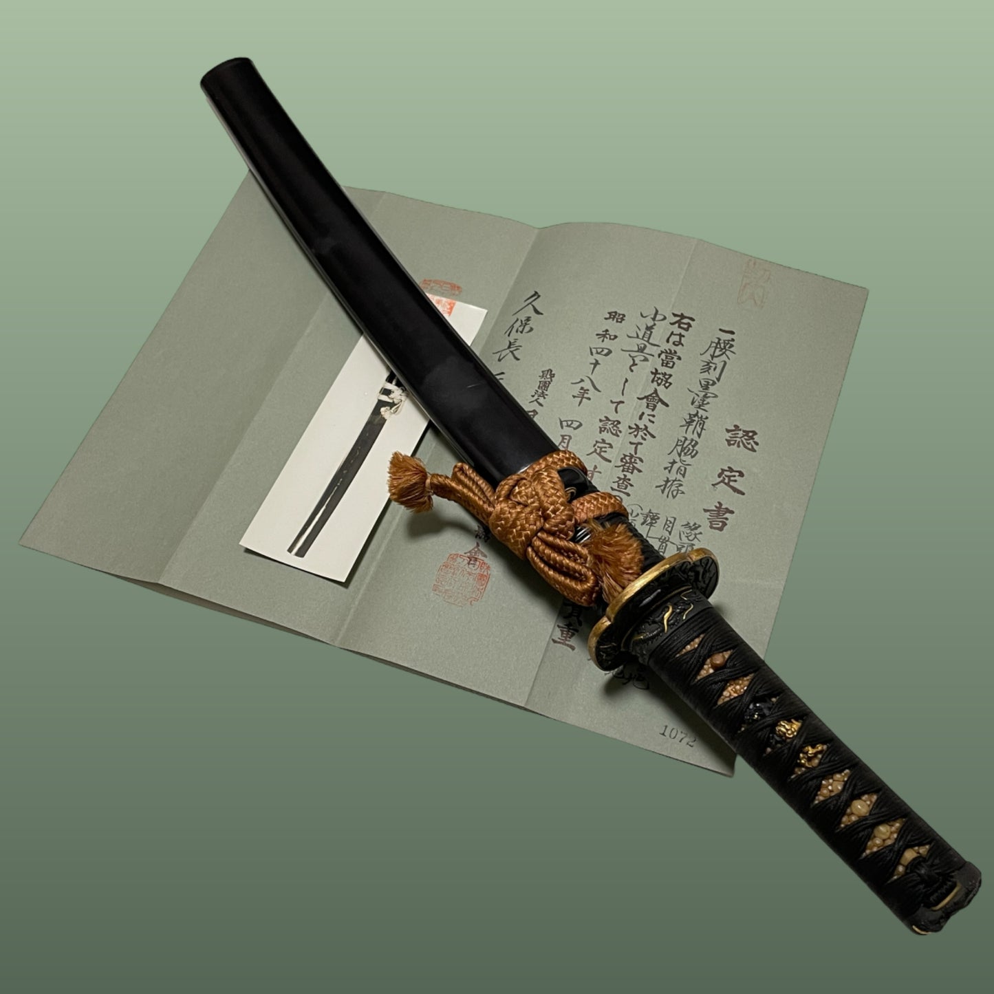 Dragon Fittings 龍一作 Koshirae For Wakizashi, 腰刻黒鞘脇指拵, Edo period, NBTHK Certificate