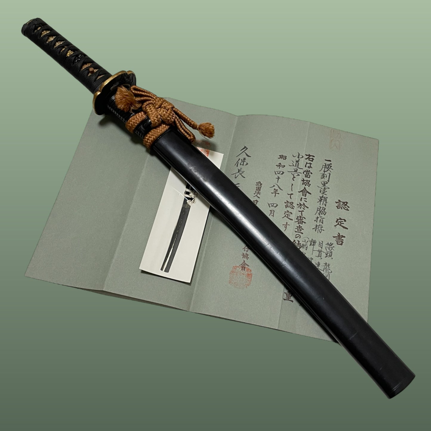 Dragon Fittings 龍一作 Koshirae For Wakizashi, 腰刻黒鞘脇指拵, Edo period, NBTHK Certificate