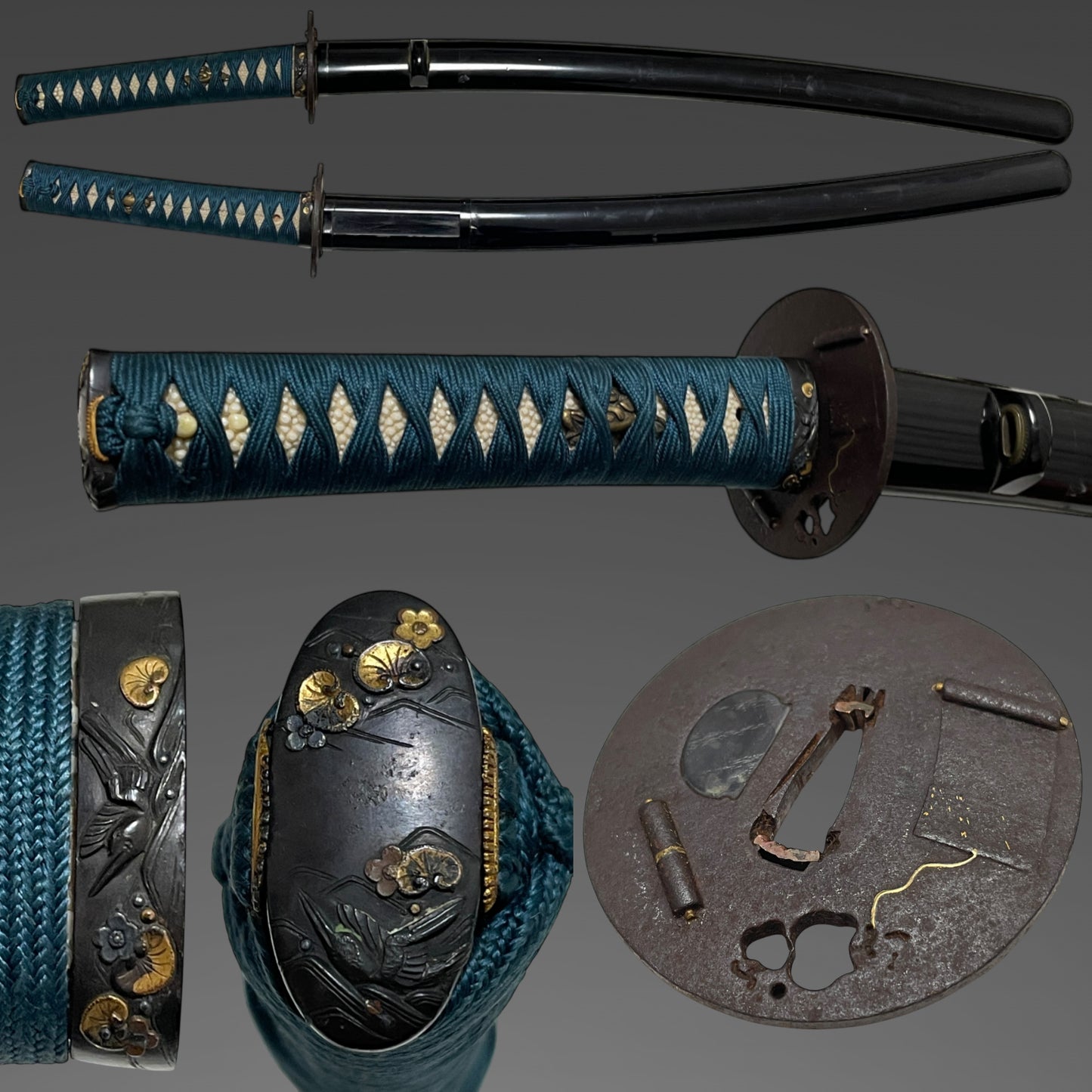 Long Wakizashi Koshirae, Makimono 巻物 Tsuba,  Plum Fuchikashira, Edo period