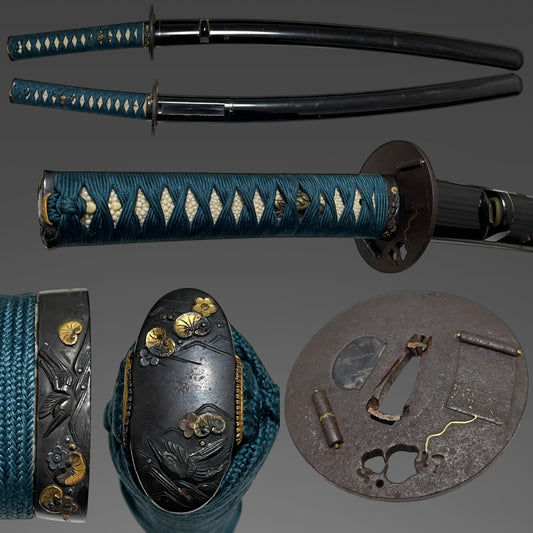 Long Wakizashi Koshirae, Makimono 巻物 Tsuba,  Plum Fuchikashira, Edo period