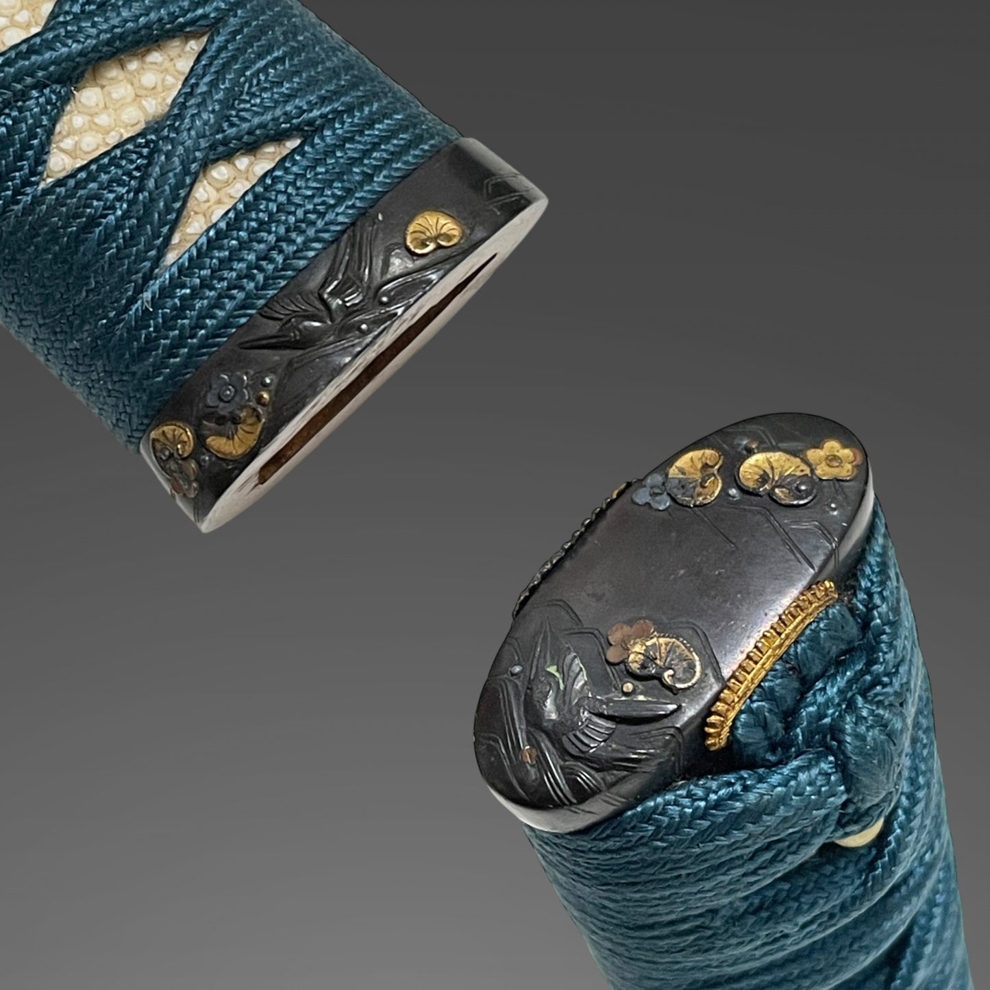 Long Wakizashi Koshirae, Makimono 巻物 Tsuba,  Plum Fuchikashira, Edo period