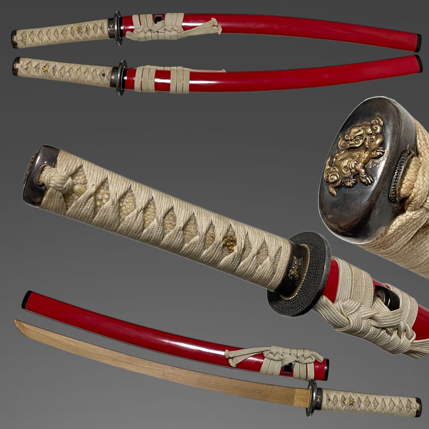 Red Wakizashi Koshirae, Shishi Fuchikashira 獅子縁頭, Edo period