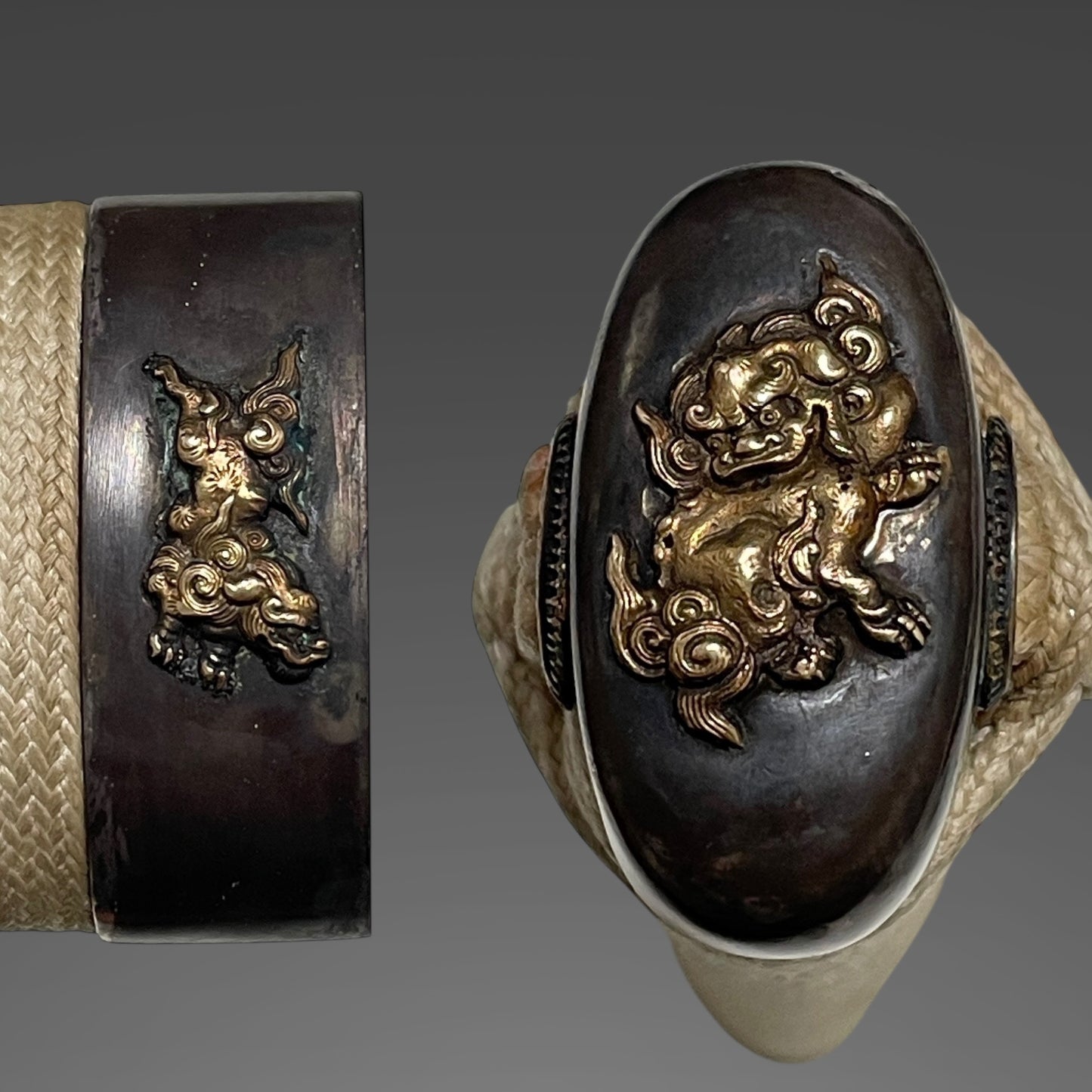 Red Wakizashi Koshirae, Shishi Fuchikashira 獅子縁頭, Edo period