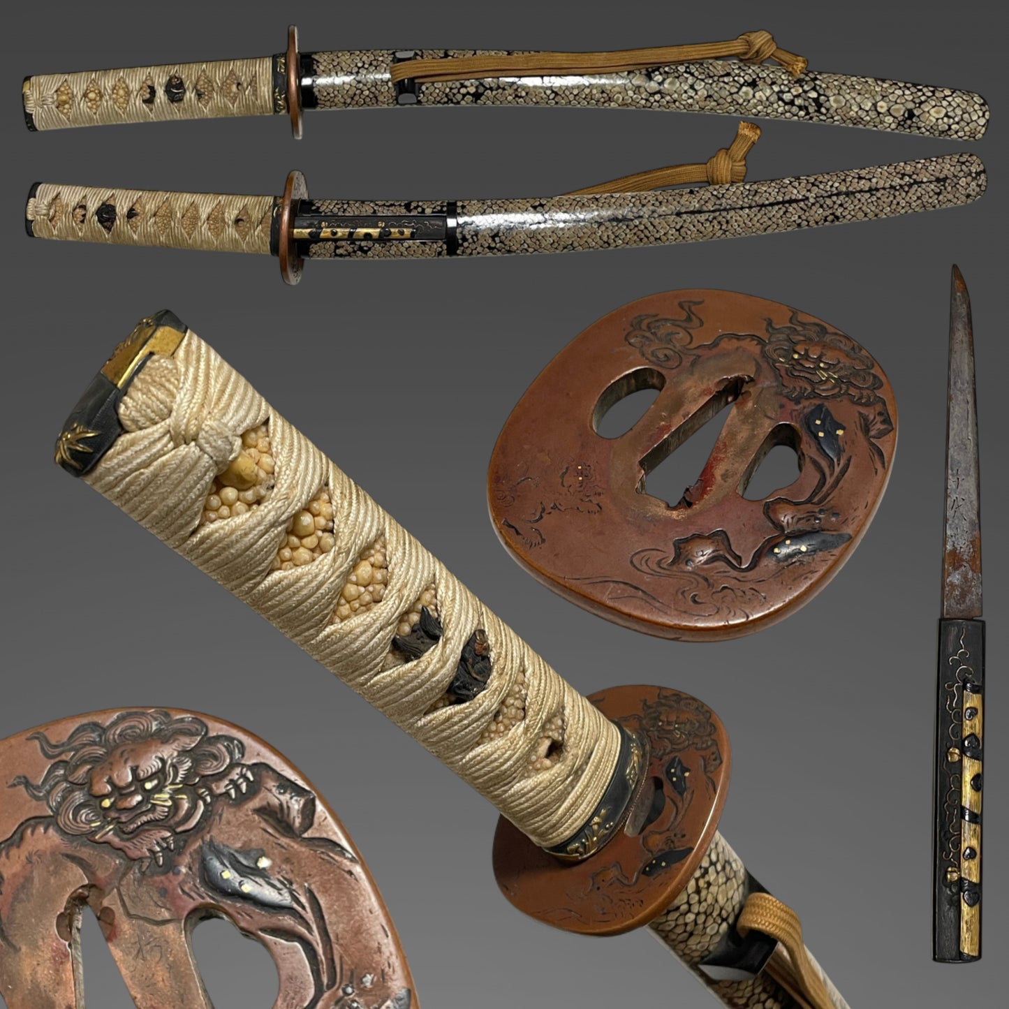 Rayskin Scabbard 鮫皮研出鞘 Koshirae for Wakizashi,  Copper Tsuba, with Kozuka