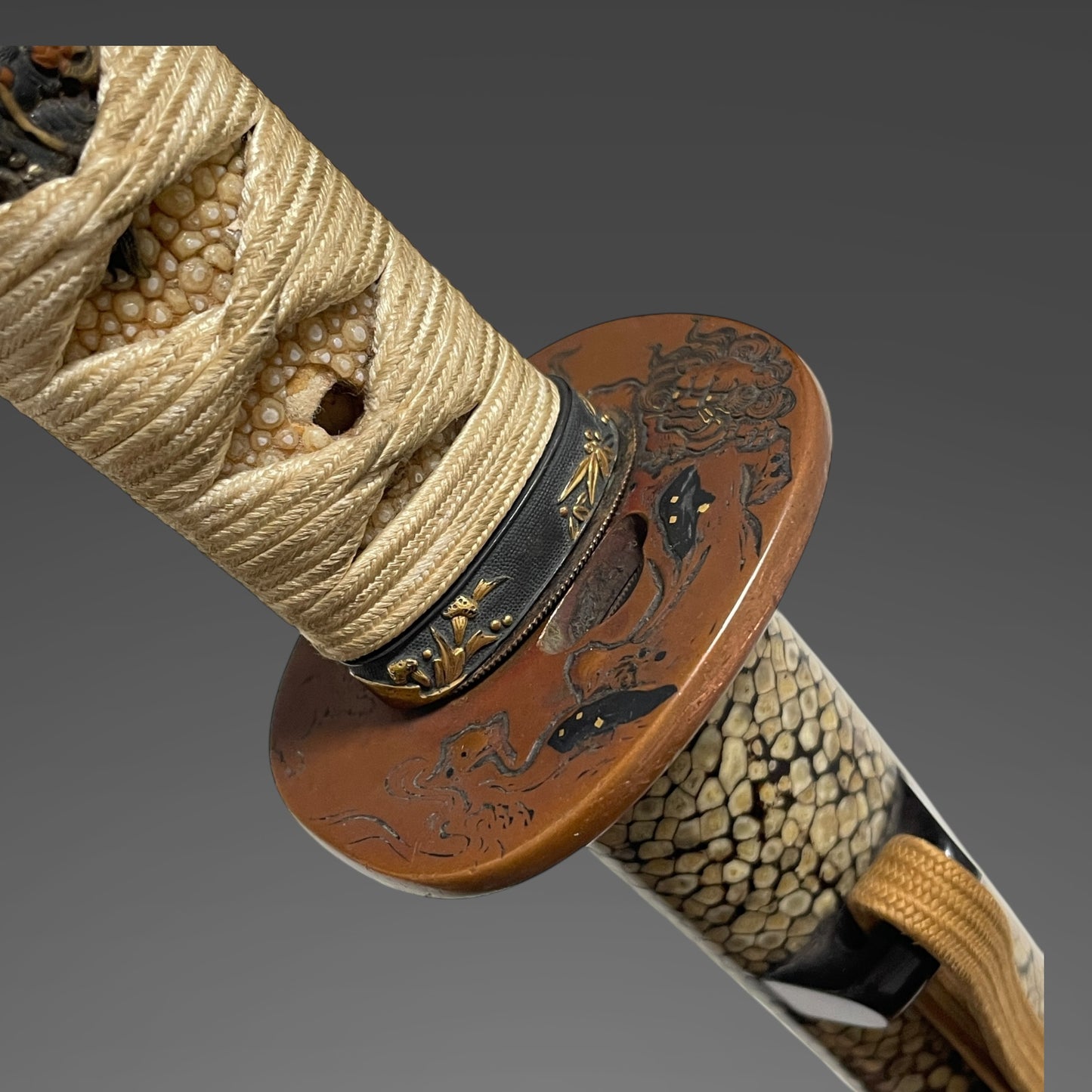 Rayskin Scabbard 鮫皮研出鞘 Koshirae for Wakizashi,  Copper Tsuba, with Kozuka