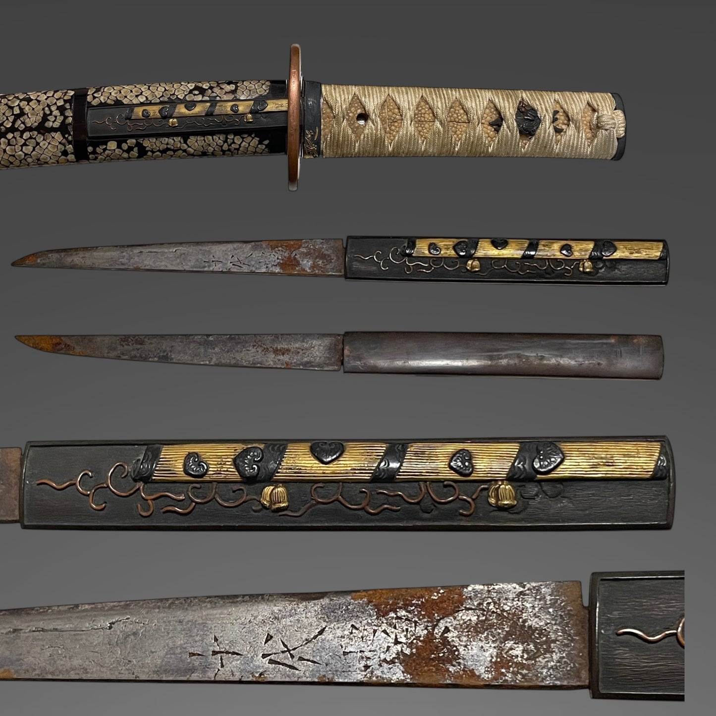 Rayskin Scabbard 鮫皮研出鞘 Koshirae for Wakizashi,  Copper Tsuba, with Kozuka