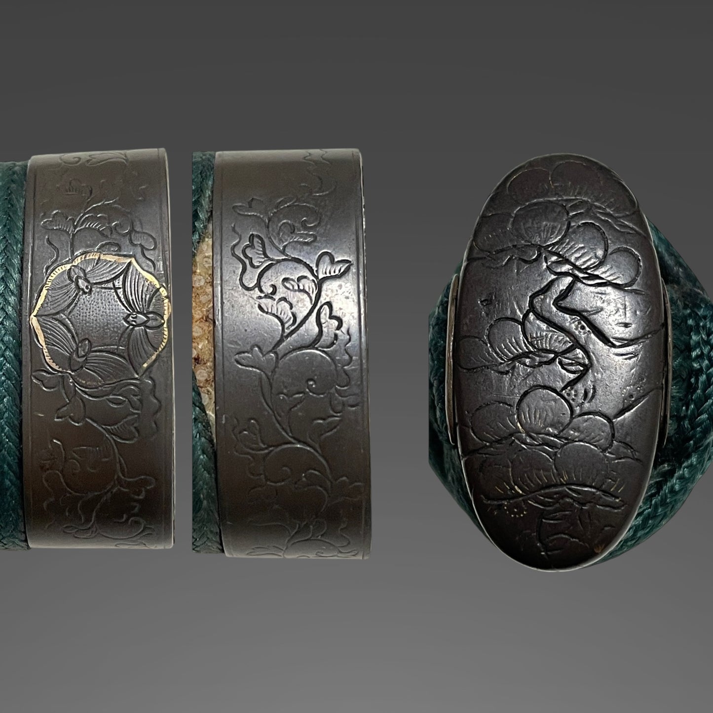 Shibuichi Fuchikashira, Black Wakizashi, Suguha 直刃 Hamon, Edo period mumei