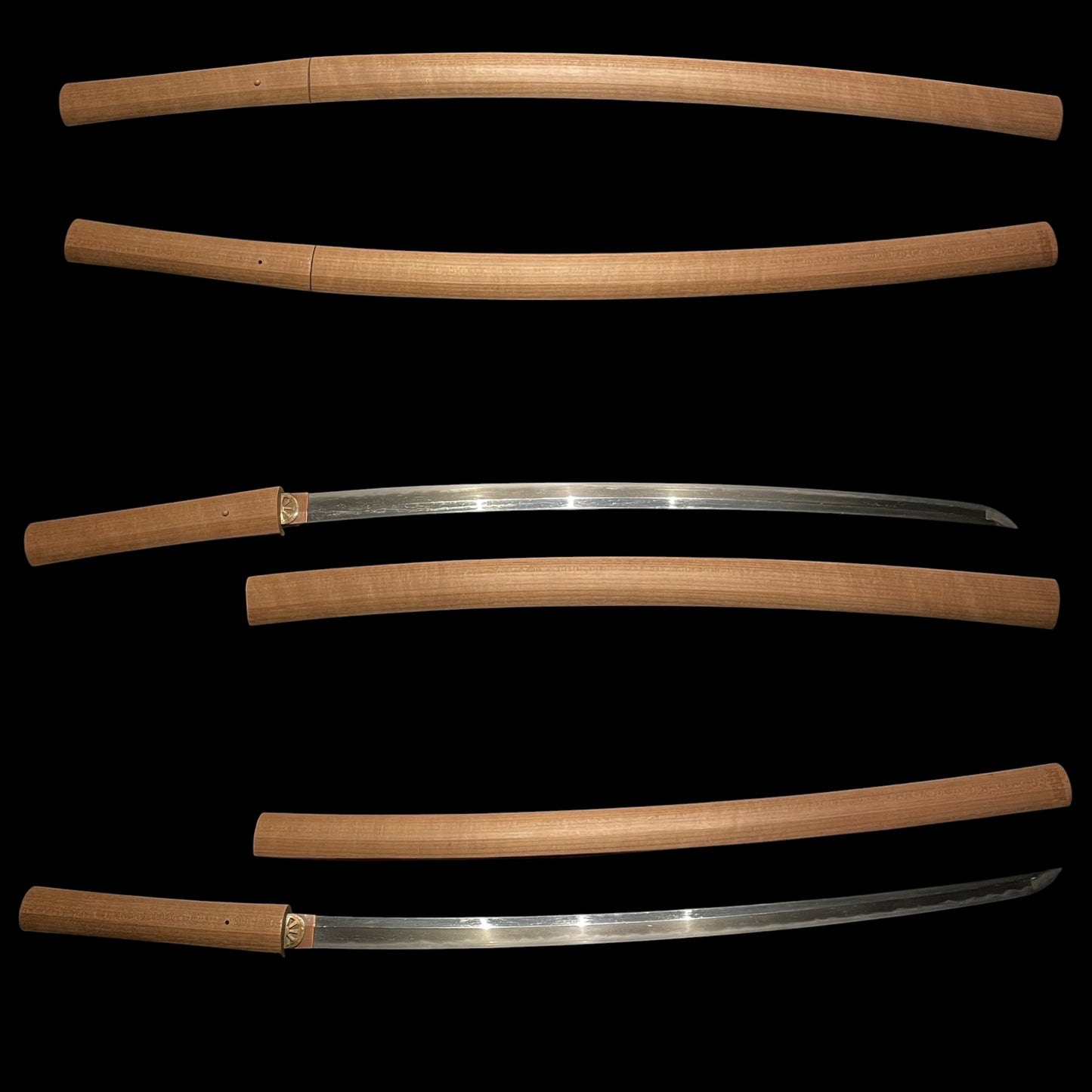 Long Wakizashi with Shirasaya, Peony Tsuba, Waterwheel Habaki, Edo period mumei