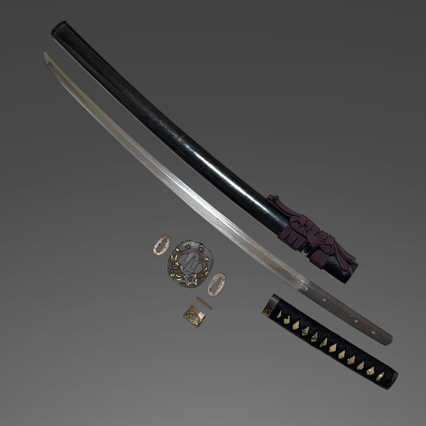 Long Wakizashi with Shirasaya, Peony Tsuba, Waterwheel Habaki, Edo period mumei