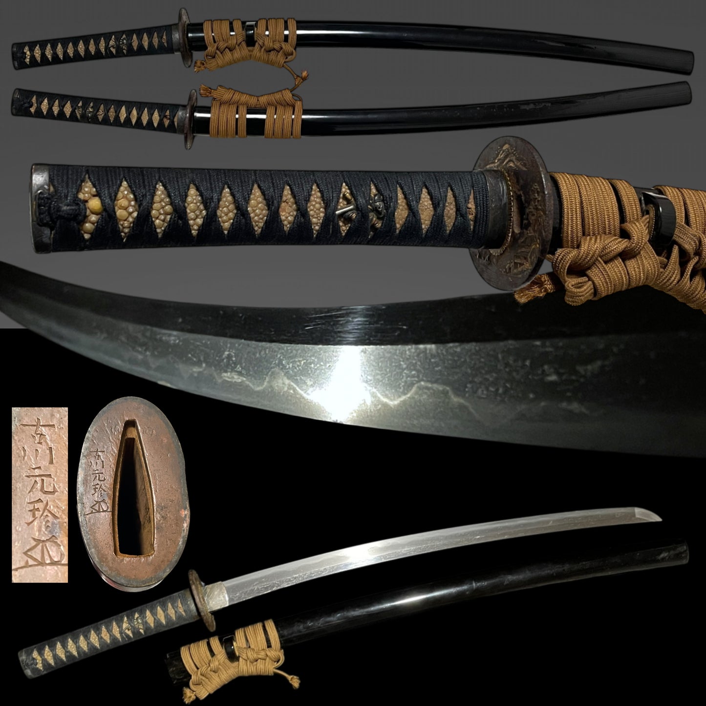 Long Wakizashi, Furukawa Genchin signed Fuchi, Samurai Menuki, Edo period mumei