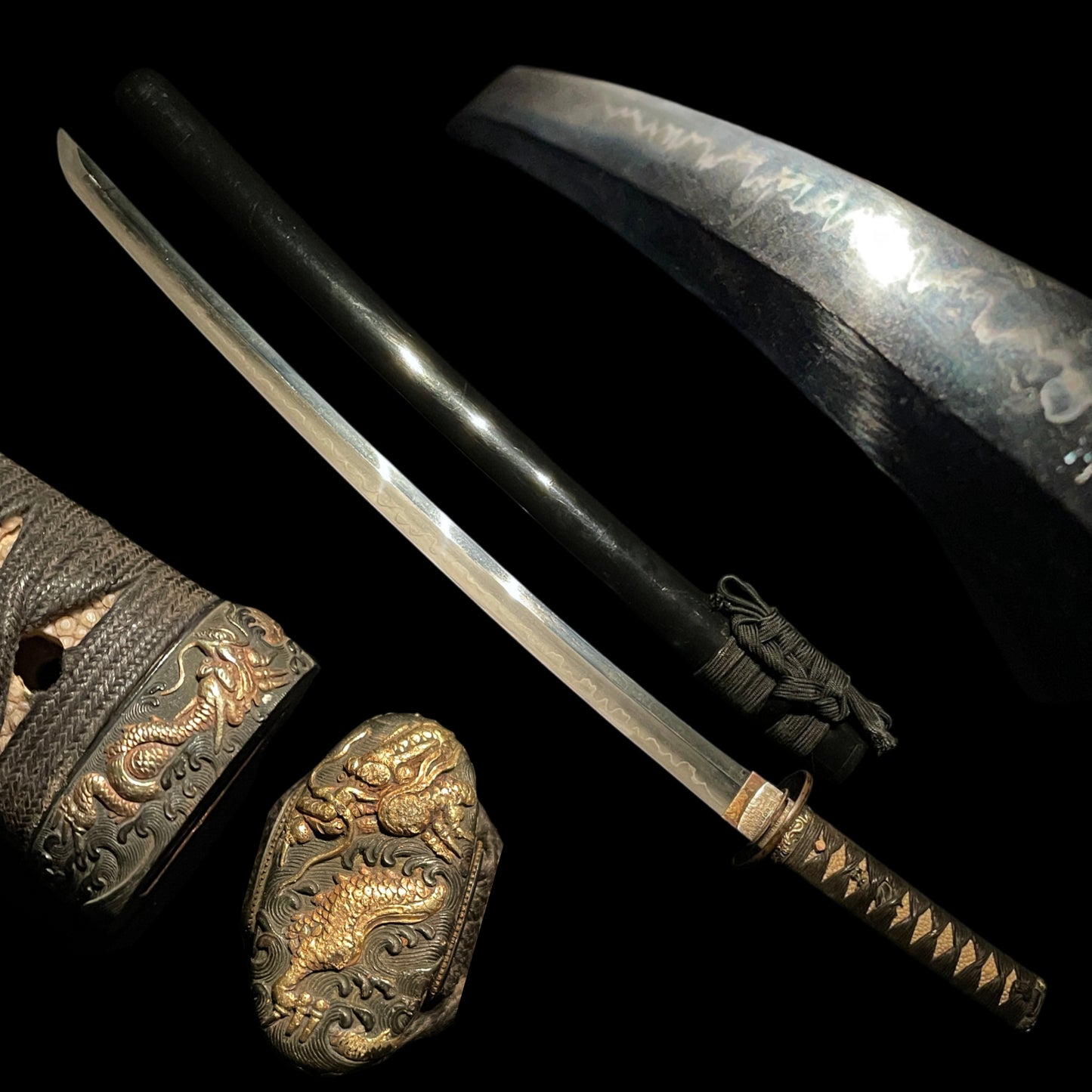 Bishuju Sukesada 備州祐定 signed Long WAKIZASHI, Dragon Fuchikashira, KenjoTsuba 献上鍔