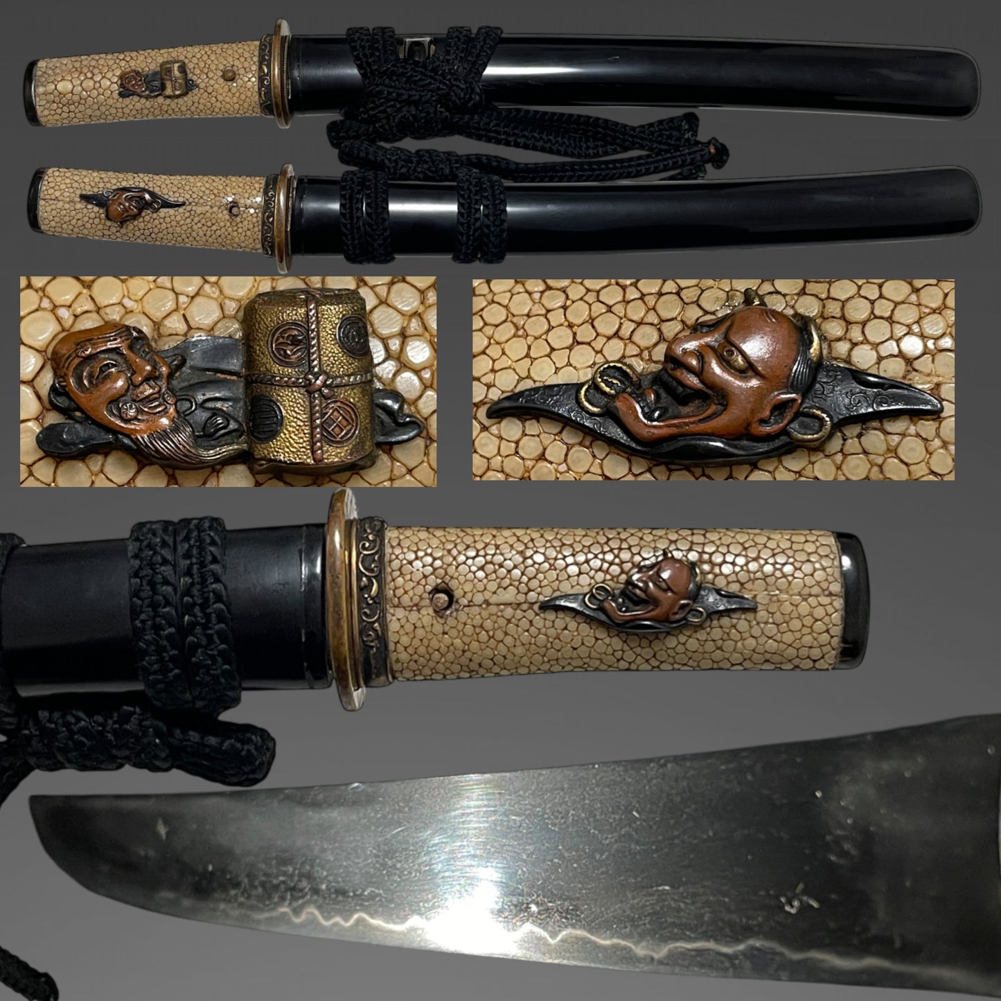 Nohmen Menuki 能面目貫 TANTO, Okina 翁 and Hannya 般若, Edo period mumei