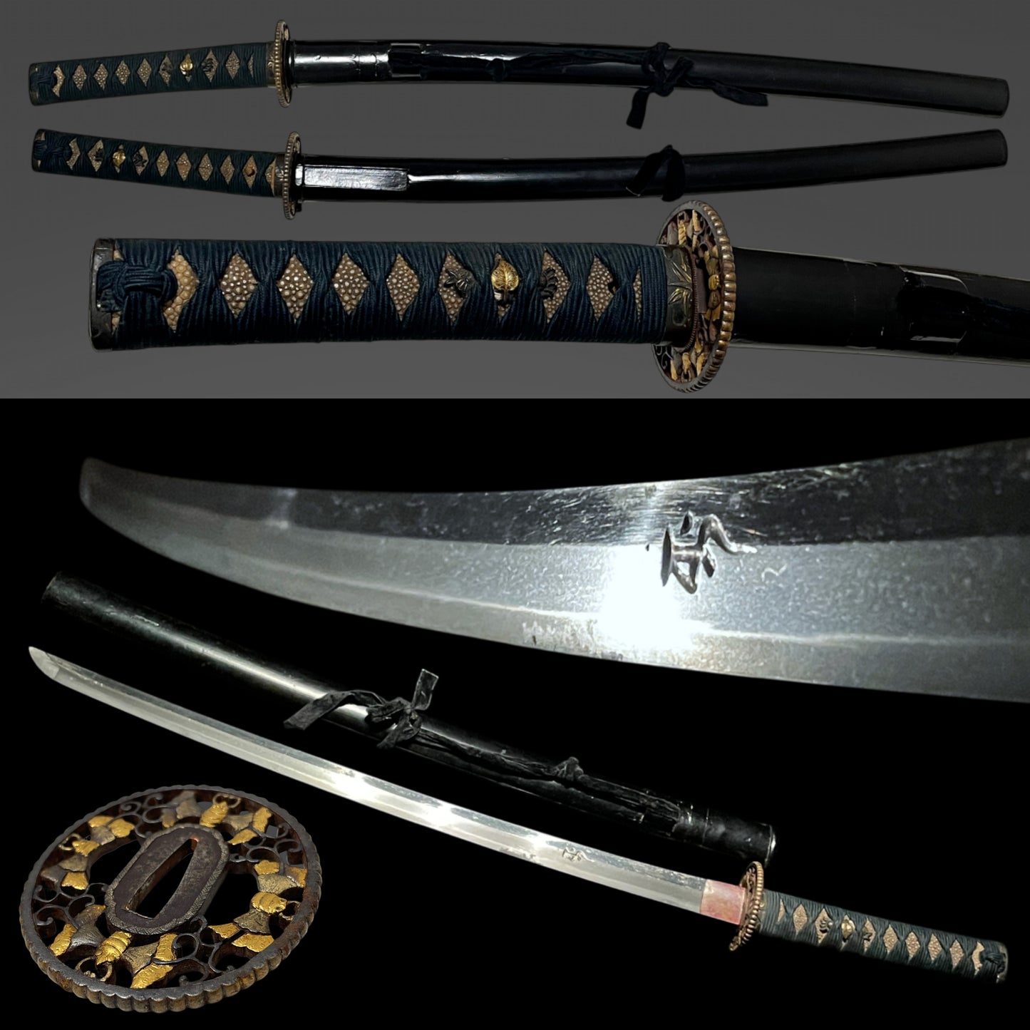 Bonji 梵字 Long Wakizashi, Moth Tsuba, Crab Menuki, Edo period mumei
